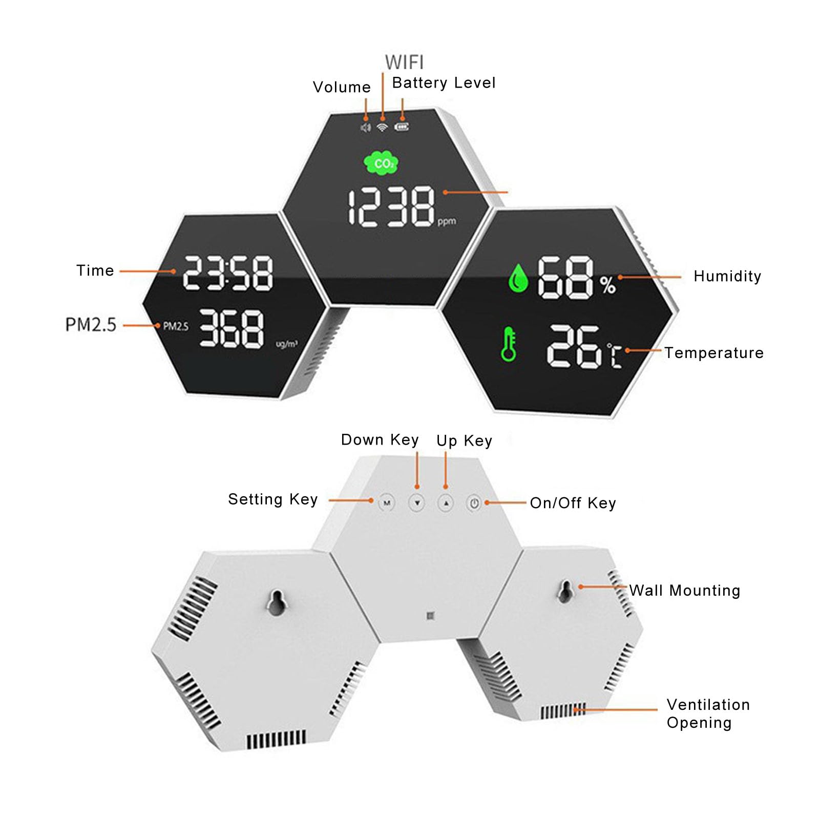 Detector de Calidad del Aire Interior, Monitor de CO2 y PM2.5 | Monitorización de Datos en Tiempo Real, Calibración Manual del Sensor, Brillo Ajustable, Autonomía de 24 Horas