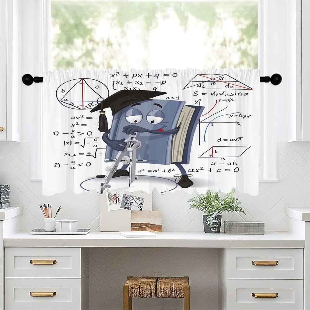 Curtain Valances, Mathematics Classroom Decor Blackout Window Curtains Ombre, Cartoon Textbook Character Drawing Circle Pair of, 60"W x 18"L, For Living Room, Bedroom, Kitchen, Bathroom, Multicolor