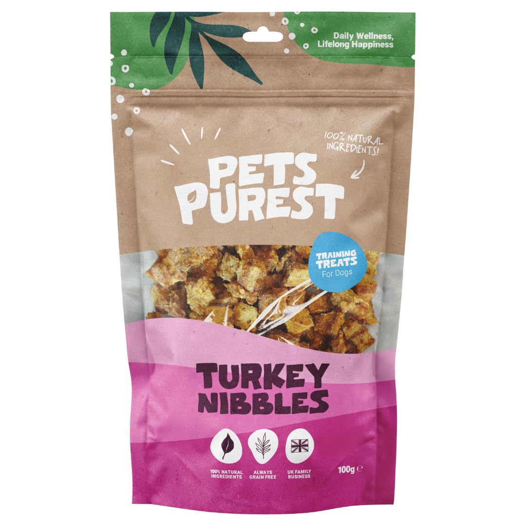 Pets PurestTurkey Nibble Dog Treats, Air-Dried Dog Training Treats - 100% Natural, Grain Free, Low Fat, Raw Dog Treats for Puppy, Adult & Senior - 100g