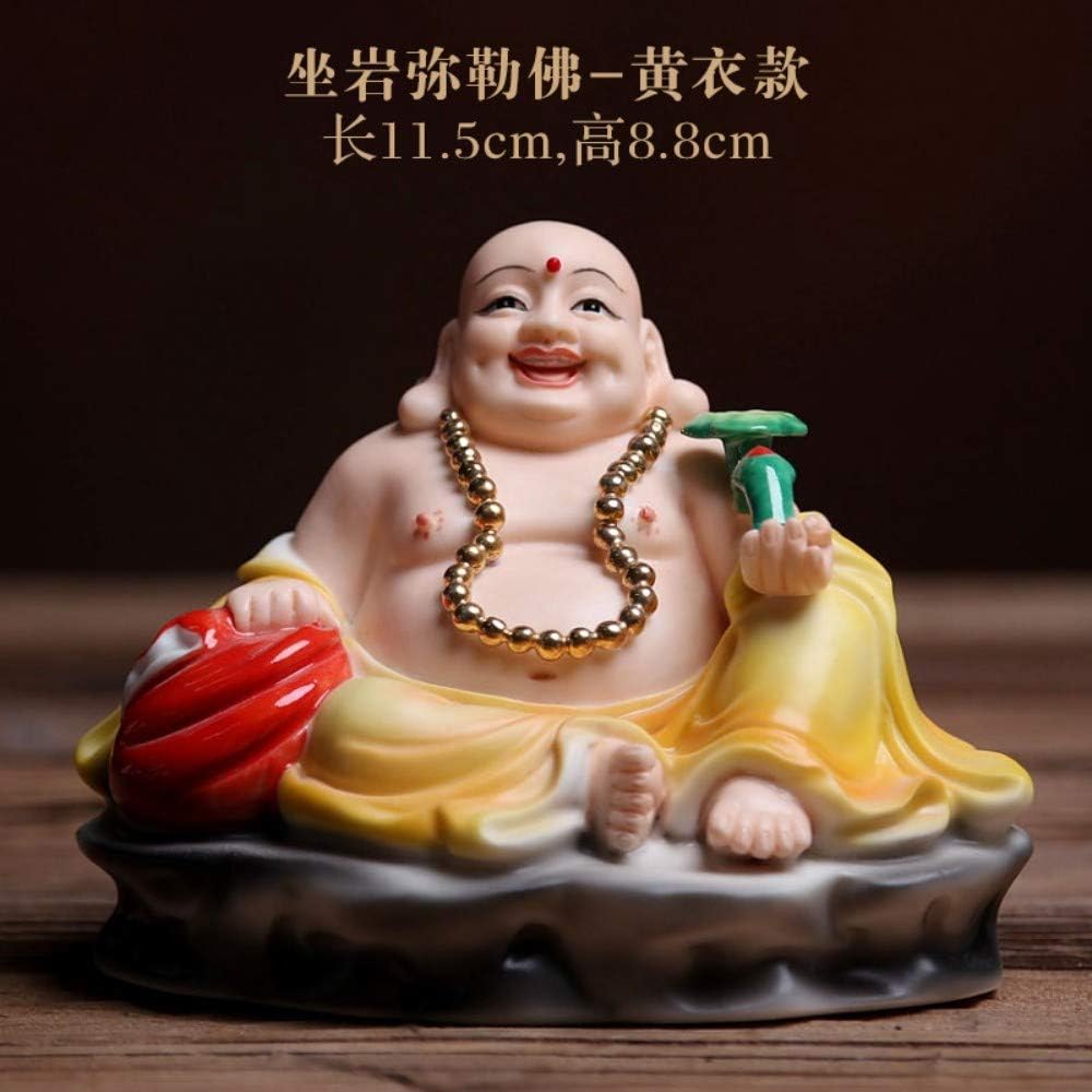 Laughing Buddha Statue For Good Luck Wealth And Happiness, Handmade Chinese Ceramic Small Sitting On Rock Buddha Figurine For Zen Meditation, Yellow Kasaya Maitreya For Car Home Desk Decor