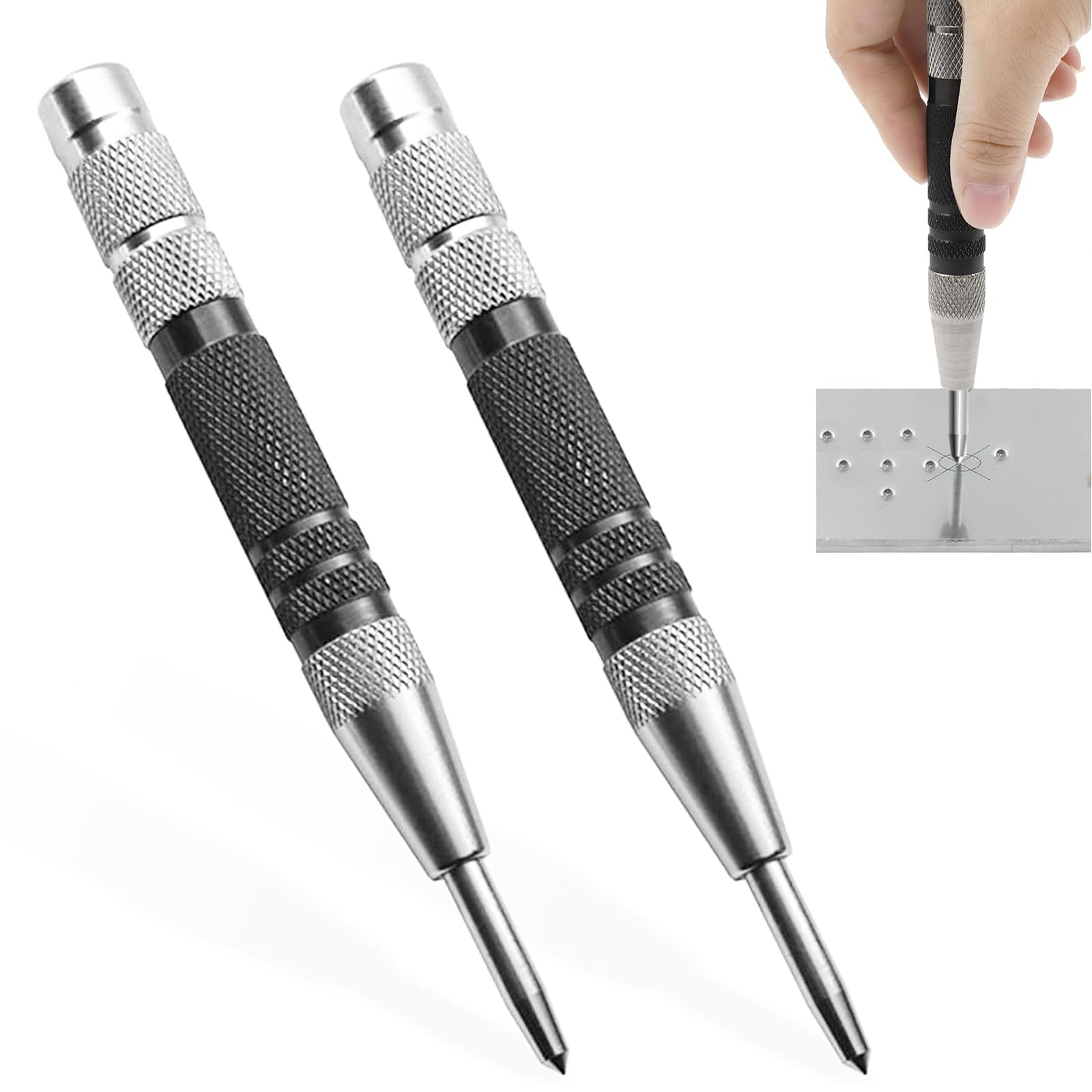 2 Pcs Automatic Center Punch, 5" Spring Loaded Metal Punch Tool, One-Hand Operation Centre Punch for Metal, Glass, Wood, DIY Projects, Automotive Repair, Construction, Black Steel Punch Set