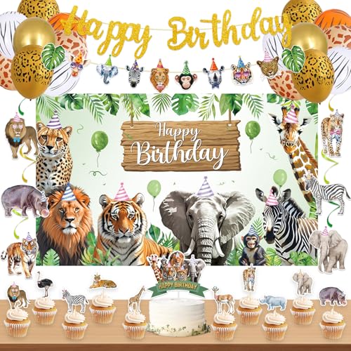 Roetyce Safari Animals Birthday Party Decorations, Jungle Wild Animals Happy Birthday Banner Balloons Hanging Swirls Cake Topper Kit, Safari Themed Birthday for Kids Photo Background Backdrop