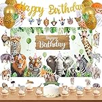 Roetyce Safari Animals Birthday Party Decorations, Jungle Wild Animals Happy Birthday Banner Balloons Hanging Swirls Cake Topper Kit, Safari Themed Birthday for Kids Photo Background Backdrop