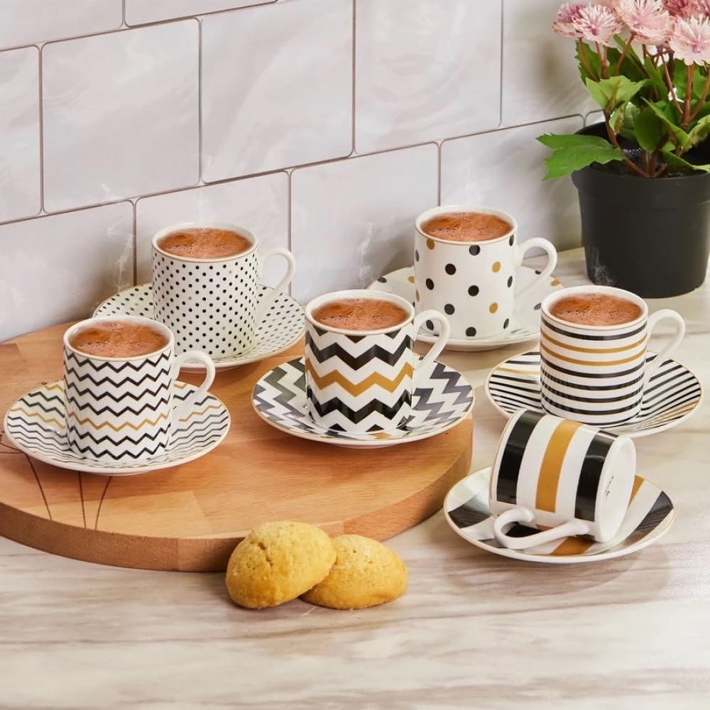 Karaca Nossa Set of 6 Coffee Cups, with Saucer-Turkish Coffee and Espresso Cups, Mocha Cups Set Made of Porcelain-Traditional Porcelain Coffee Service