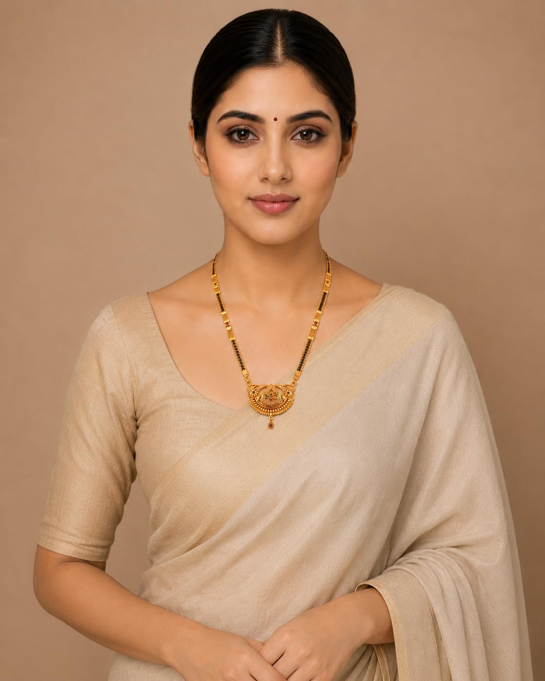 Jewar Mangalsutra South Indian Katori & Meena Work Religious Gold Plated Finish Simple Look Jewelry for Women (Geru-1)