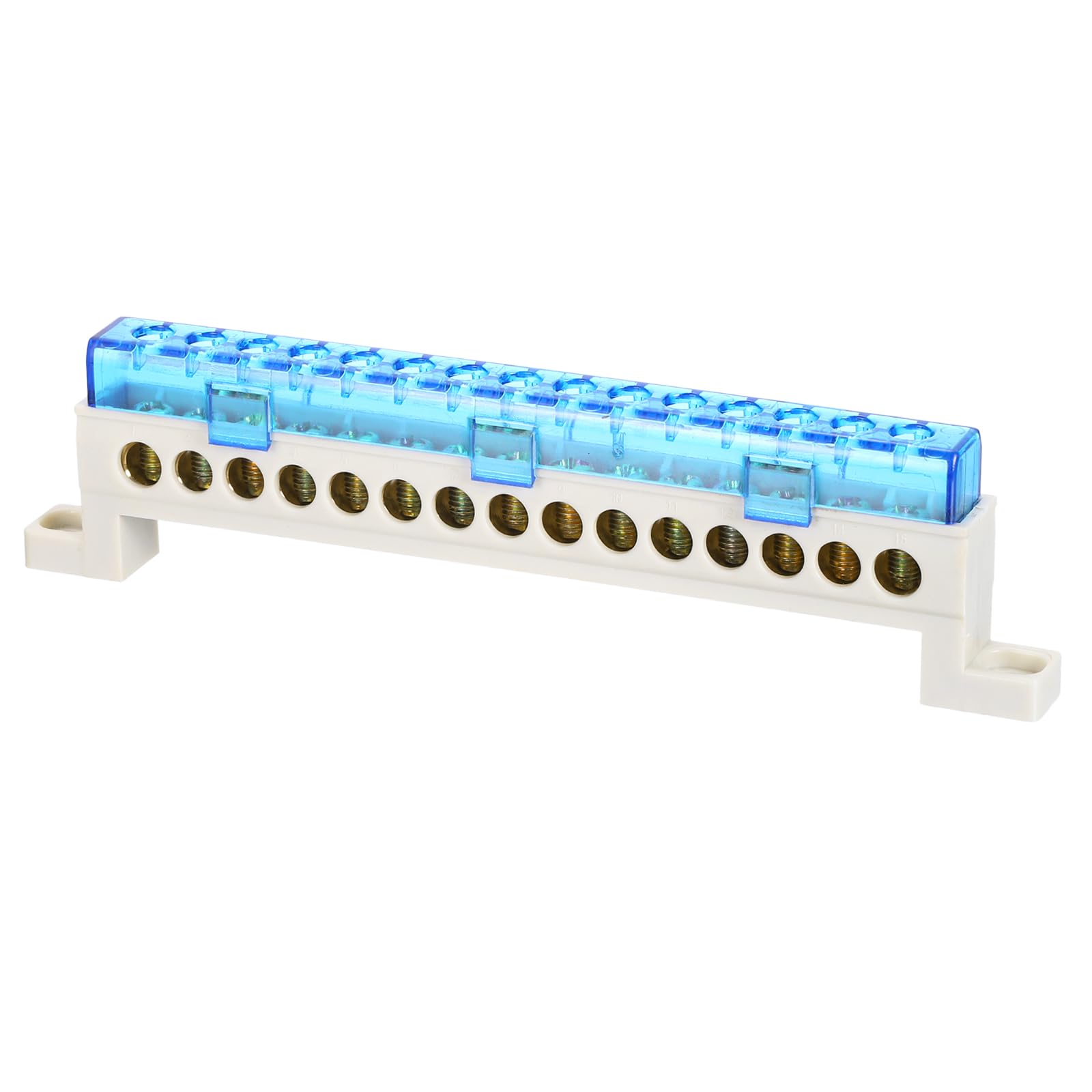 sourcing map Terminal Ground Bar, 15 Positions Screw Brass Terminal Bus Bar, 7x11mm Ground Block for Electrical Equipment, Distribution Box, Blue