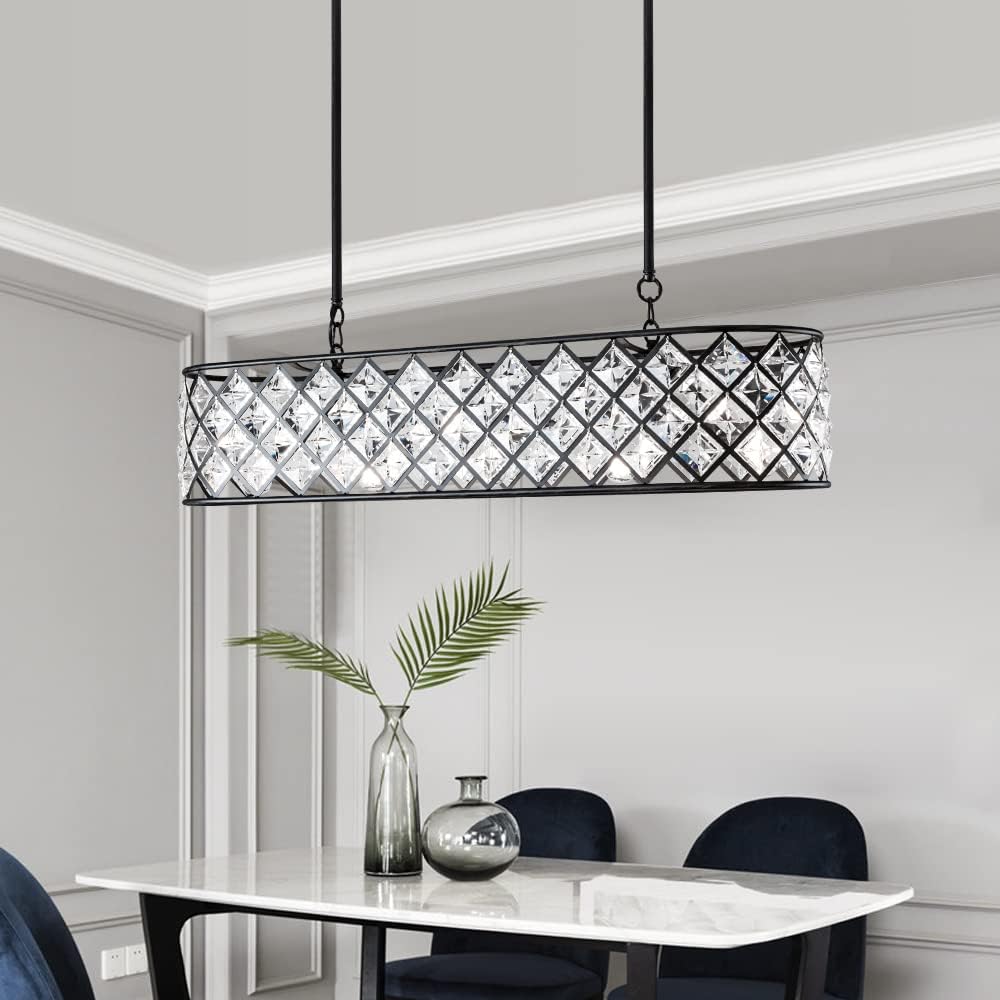 Maxax 5 Lights Crystal Chandelier, Modern Rectangle Raindrop Pendant Light, Beaded Shade Contemporary Ceiling Lights for Dining Room, Kitchen Island, Antique Black, 55 inch