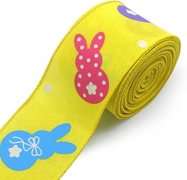 Easter Rabbit Wired Edge Ribbons 2.5" 10 Yards, Yellow Burlap Ribbon Bows for Wreath, Spring Colorful Bunny Gift Wrapping Ribbons for Easter Party DIY Craft Wreaths Bows Decoration