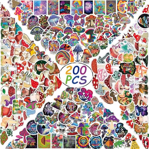 200Pcs Mushroom Aesthetic Stickers Pack Cute Colorful Mushroom Trendy Decor Vinyl Waterproof Stickers for Water Bottles Hydro Flash Laptop Computer Phone Car Decals