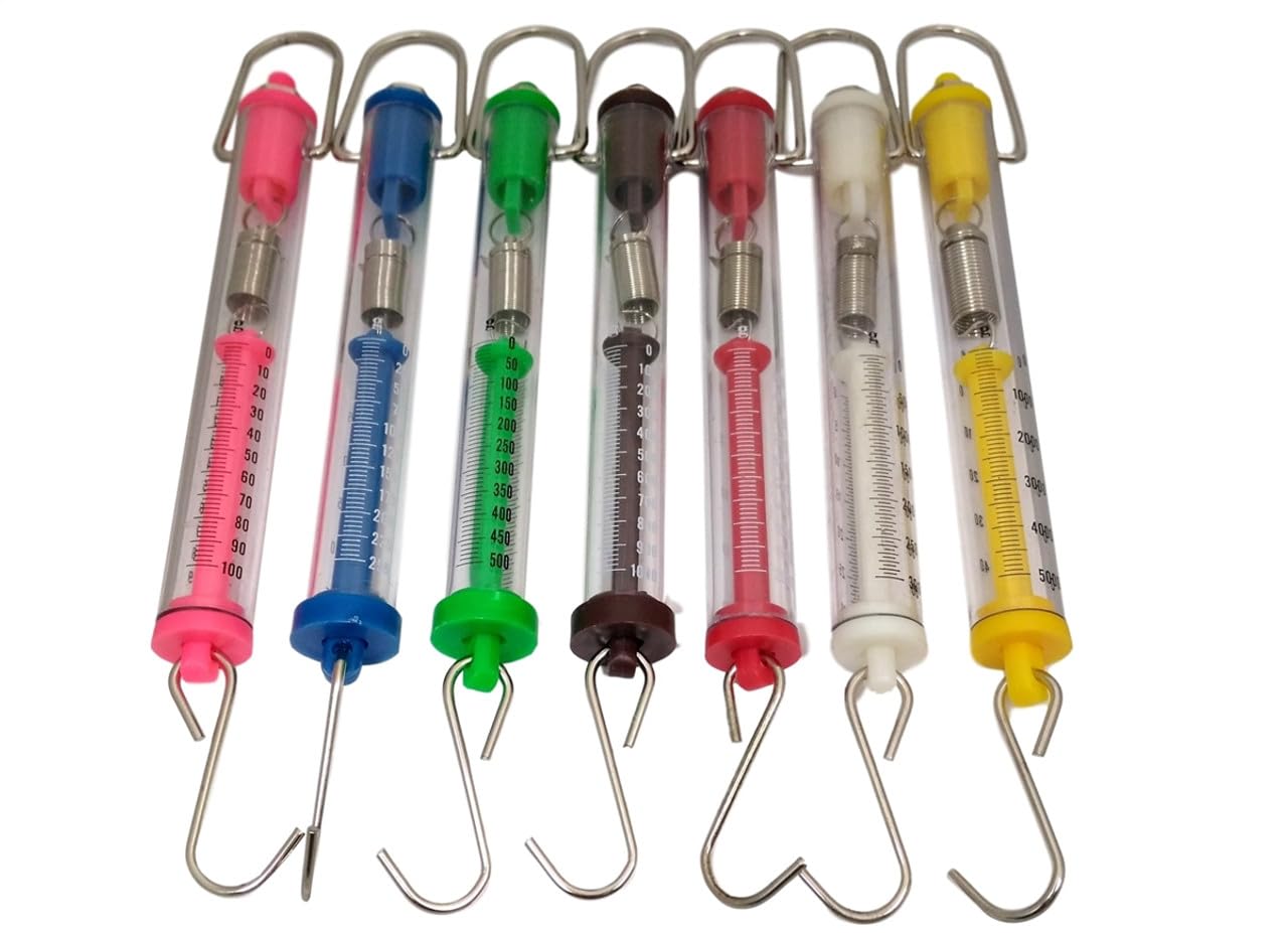 Sci-Supply Spring Scales, Set of 7, 100g - 5,000g (1N - 50N), Spring Scale Dynamometer Science Classroom Set
