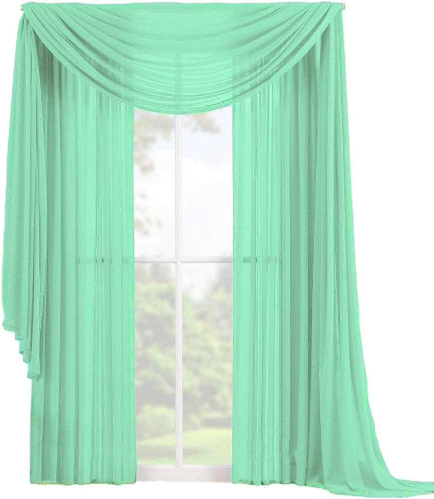 Decotex 3 Piece Elegant Sheer Voile Window Curtain Panel Drape Set Includes 2 Panels and 1 Matching Scarf (108" Length, Mint) 108" Length Mint