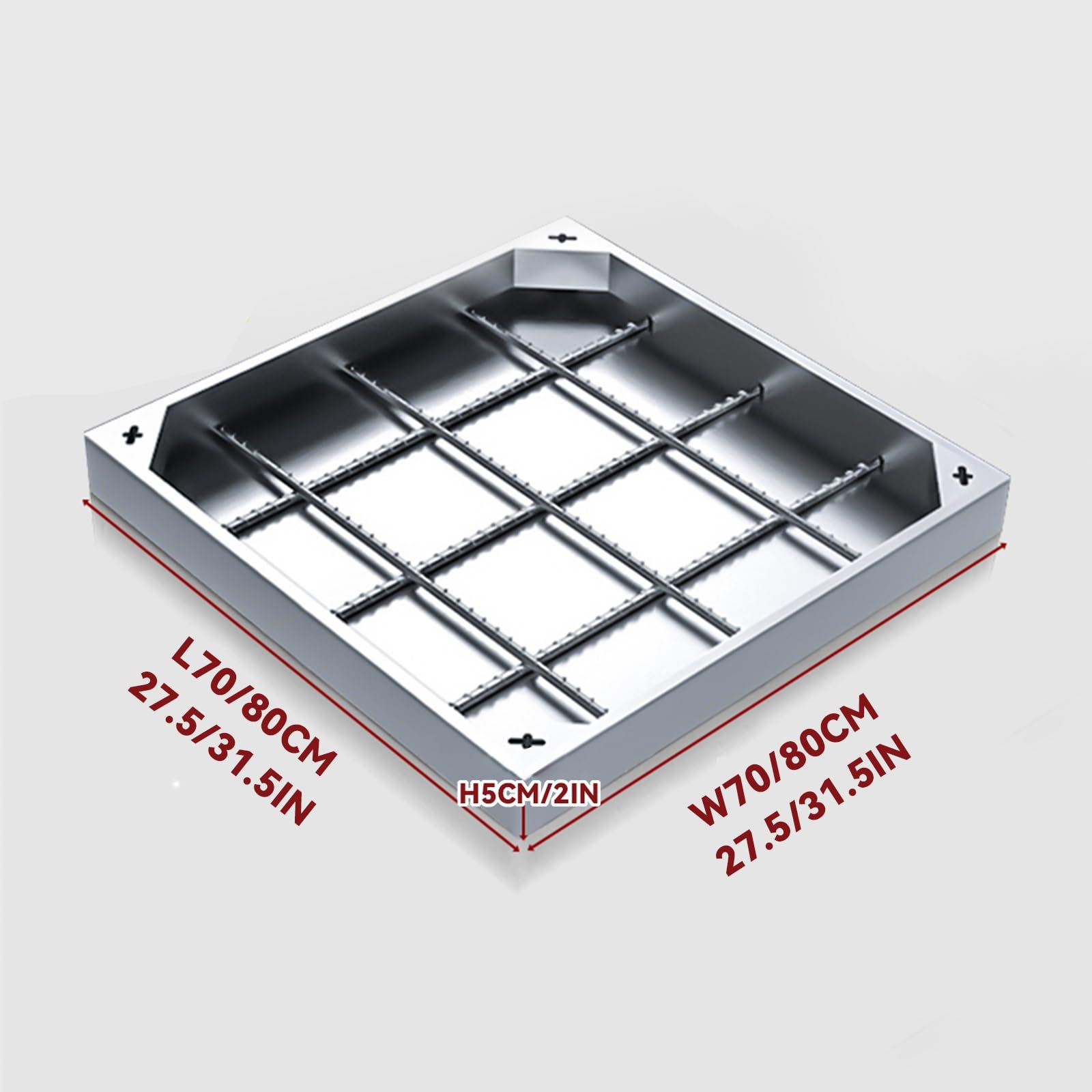 Niewidoczna pokrywa odpływu, zintegrowany ruszt odpływowy, ocynkowana pokrywa włazu z ramą ze stali nierdzewnej, wysokość 5 cm, 80 x 80 cm • eleganckie wzornictwo zapewniające ochronę i trwałość