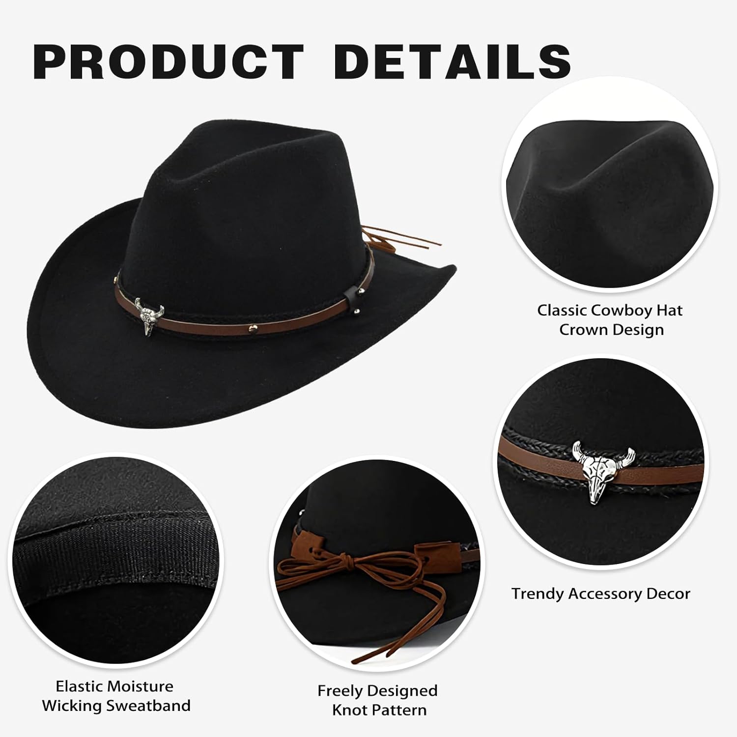 Western Cowboy Hat Felt Roll Up Cowgirl Hats Shapeable Outdoor Wide Brim Buckle Belt Hat for Men Women - Image 3