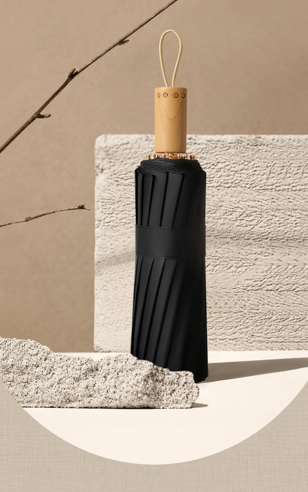 Paraguas de Viaje a Prueba de Viento Mango de Madera Vintage 16 Varillas protección UV, Eje de Acero Fuerte, Plegable y portátil - Mochila, Coche, Bolso Paraguas para Lluvia, para Hombres y Mujeres