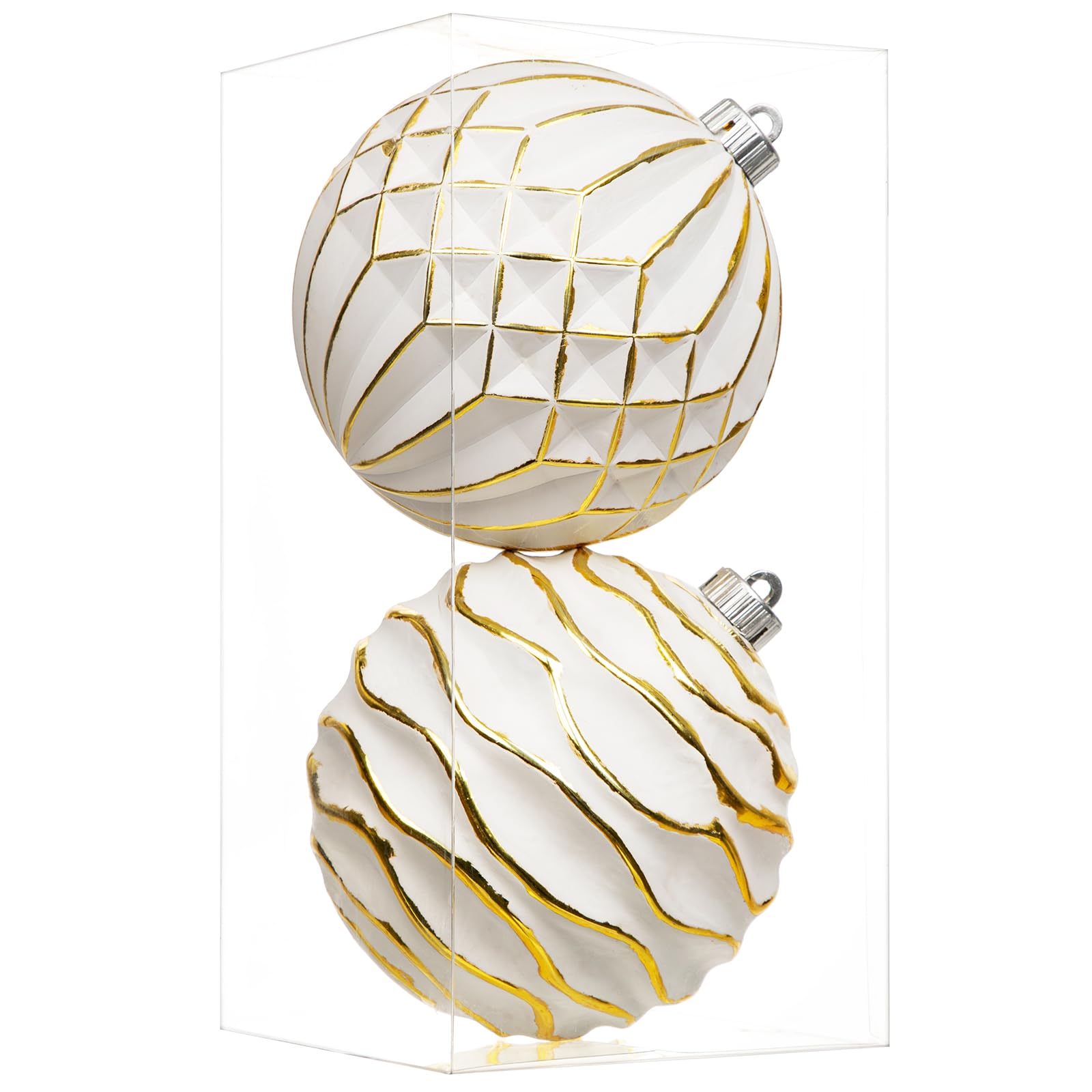 Boules de Noël rustiques 150 mm blanc et or Briful pour sapin | Lot de 2