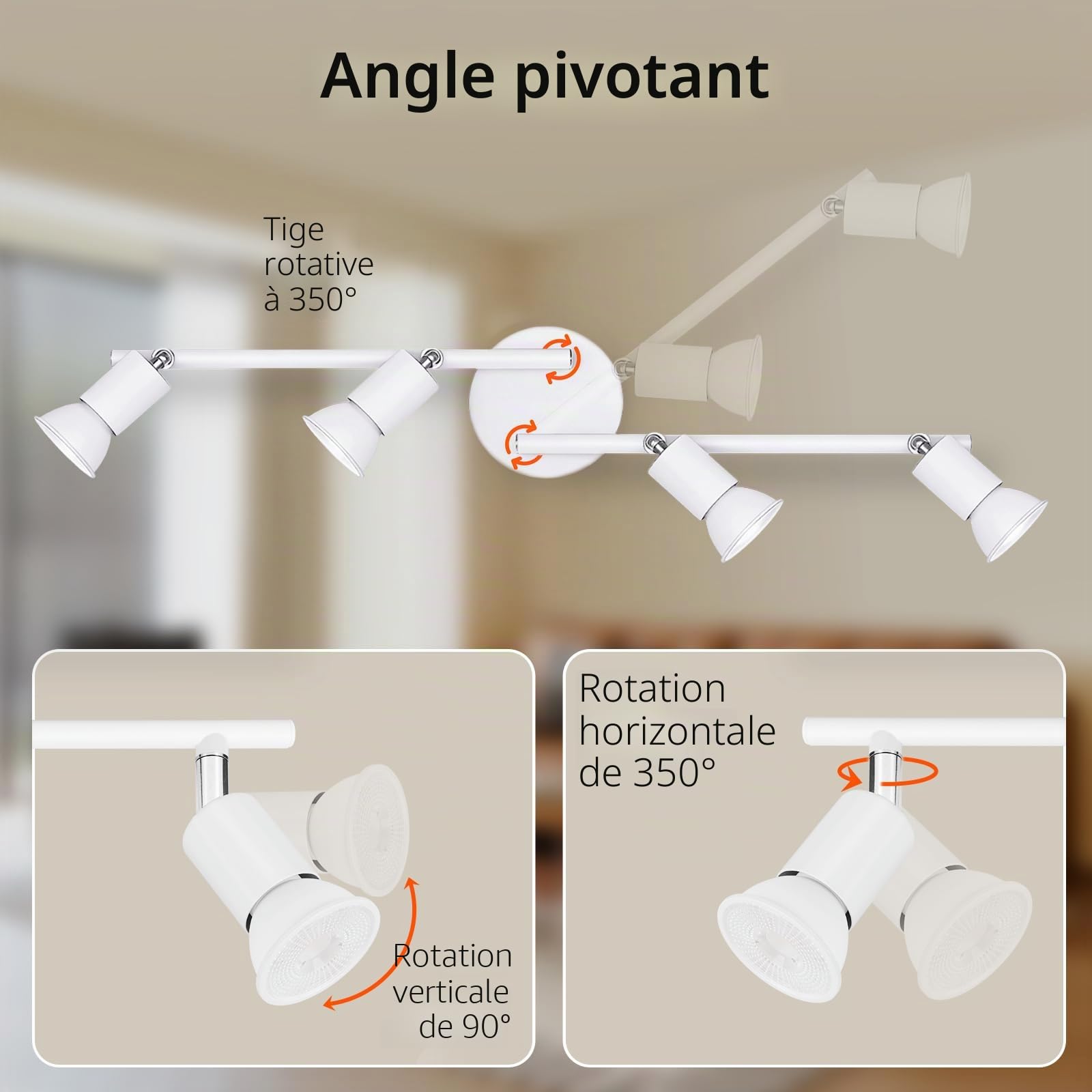 Ketom Plafonnier LED 4 Spots Blanc, Éclairage de Plafond GU10 Moderne, Barre de Spots, Lumiere Plafond Orientable Intérieur pour Cuisine, Chambre, Salon, Couloir, Sans Ampoules