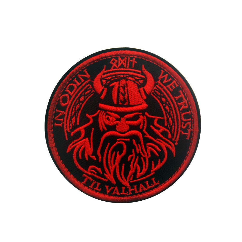 OhrongViking God Embroidered Tactical Patch in Odin We Trust Valhalla Morale Armband Badge Emblem Applique with Hook&Loop Round (Red)