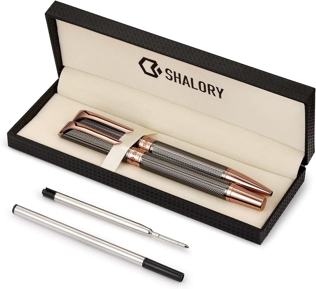 Ballpoint and Rollerball Pen Set, Stylish Line Engraved Metal Pen Elegant Smooth Writing Gift Pen (2 Pens with 2 Extra Refills)