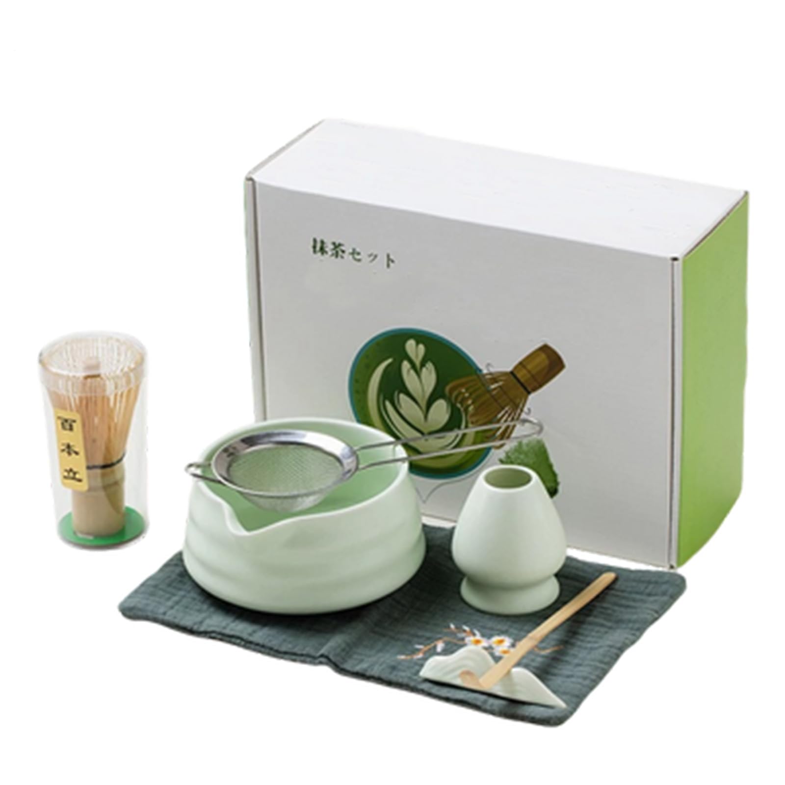 AVIANA Matcha Set of 7 Ceramic Chawan Bean Green Hand Glazed Tea Bowl