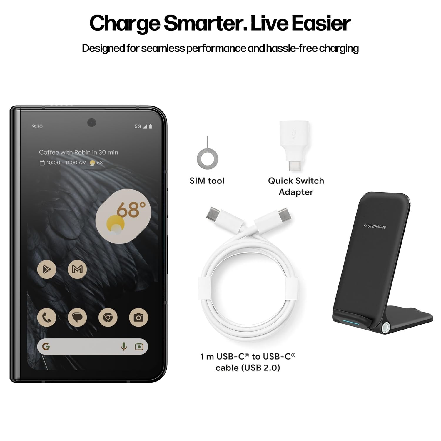 Google Pixel Fold Phone - Unlocked Android 5G Smartphones with 7.6" OLED Display, 256GB Storage, 12GB RAM, Triple Camera, Foldable Split-Screen Design, 24Hr Battery, Wireless Charging Bundle, Obsidian