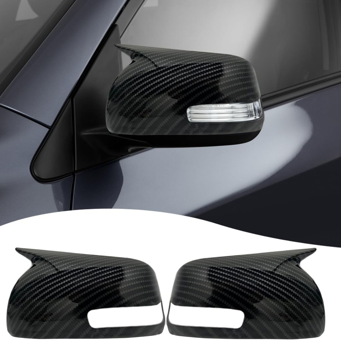 Side Mirror Cover,for Toyota RAV4 2009 2010 2011 2012，2PCS Horned Turn Signal housing Cover Sets，Car Sport Accessories -Carbon Fiber （with Turn Signal）