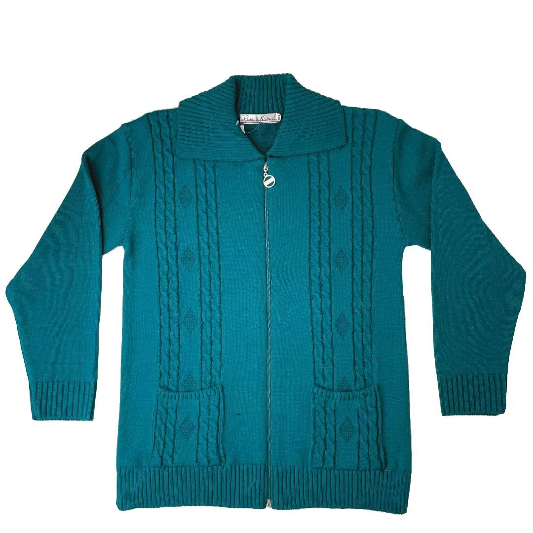 F & S Ltd Women's Green Pattern Knitted Cardigan Zip Up Closure With Pockets Size S-Xl (, S-M)