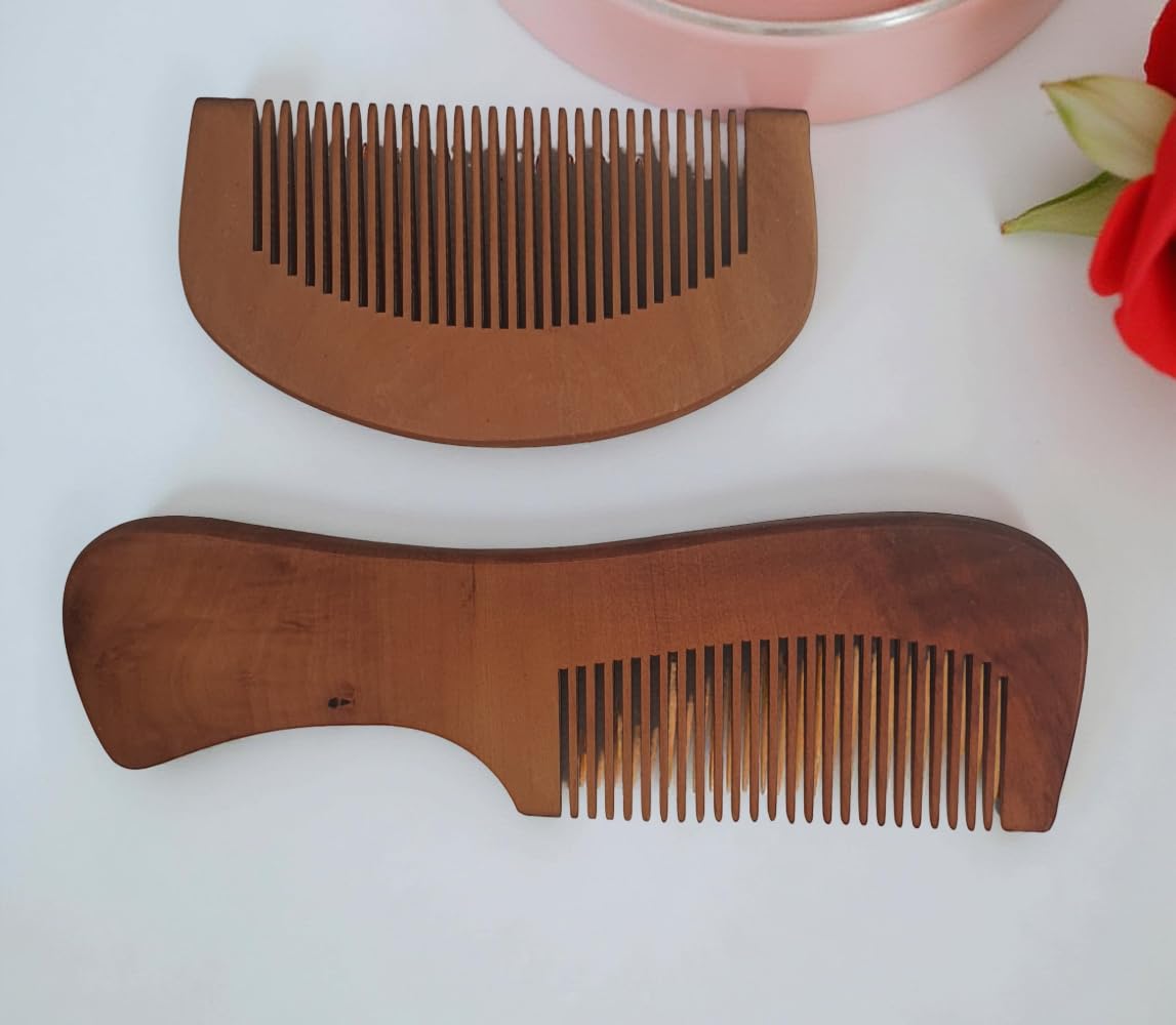 2pcs Wooden Hair Comb Set, Curved Anti-Static Combs with Handle for Men & Women
