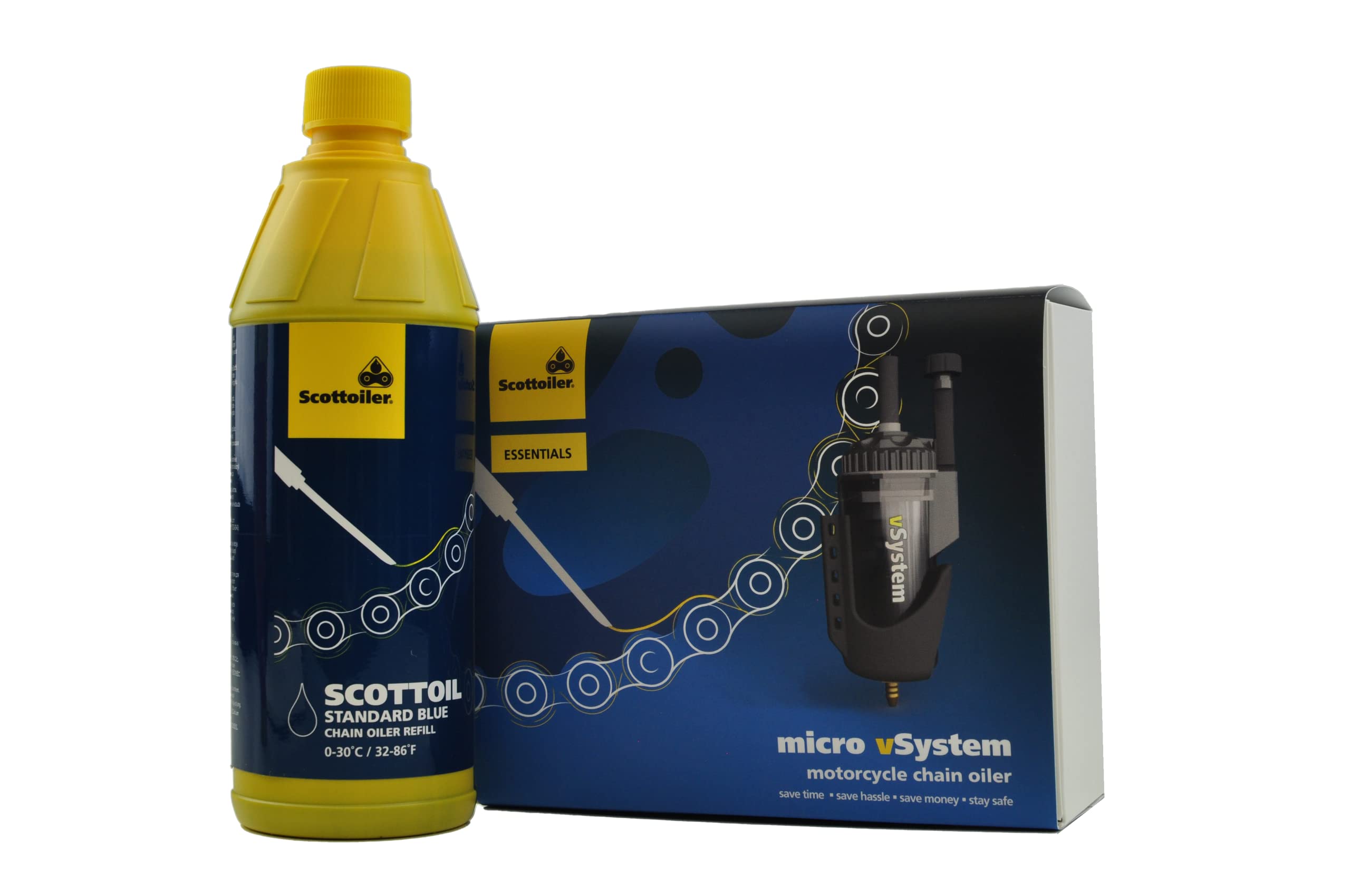 Scottoiler Essentials - Micro-vSystem - Lubricador Automático de Cadena de Motocicleta y Recarga de Scottoil Azul - Kit de Inicio BUNDLE