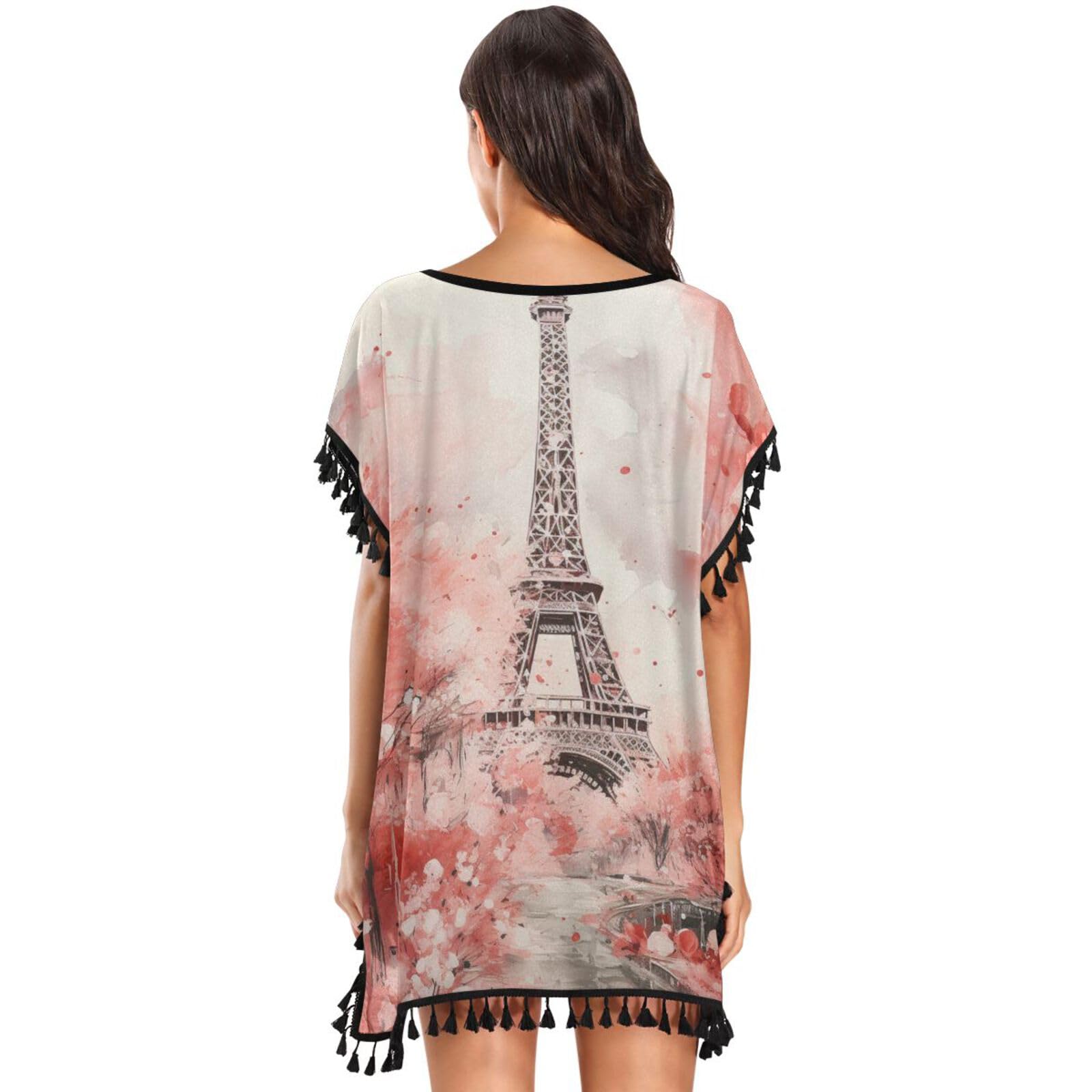Pink Floral Tower Art Women's Beach Cover Up Chiffon Tassel Swimwear Swimsuit Coverups for Girl