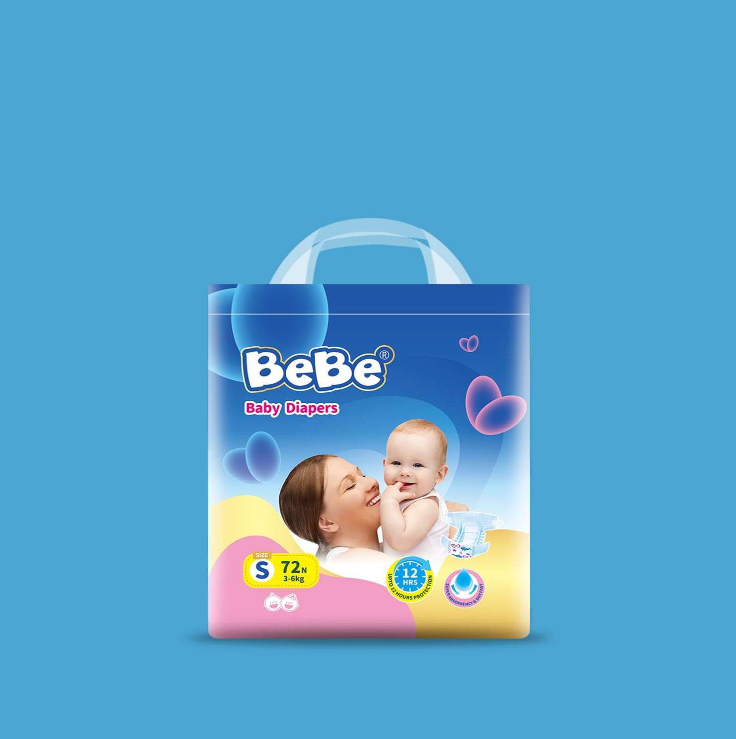 BeBe Baby Premium Care Diapers (Tape Style) | Super absorption, All night protection & comfort fit | Small (3 Kg to 6 Kg) | Pack of 1 (72 pieces)