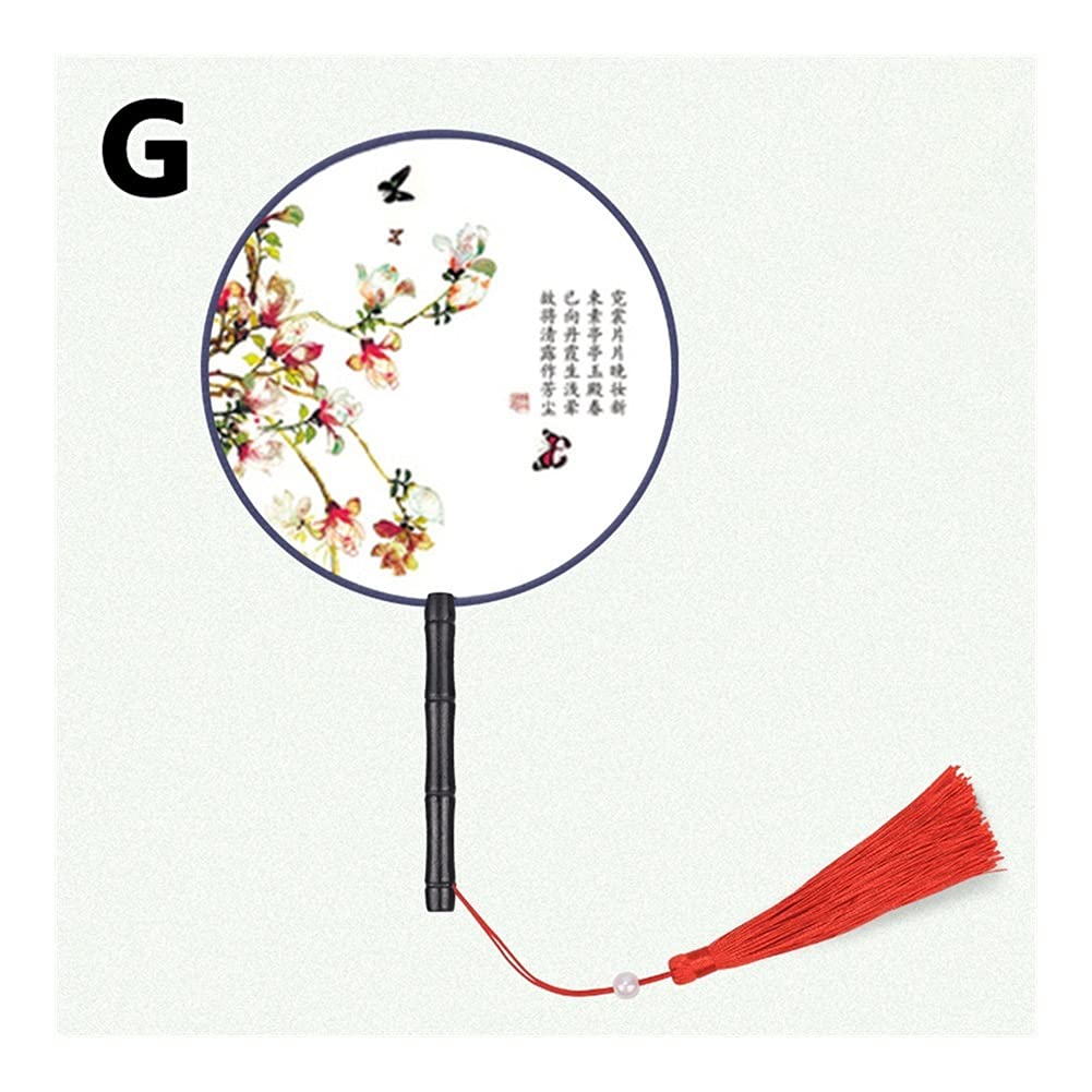 NZPOST Folding fan Chinese Japanese Style Hand Fan with Wooden Handle Portable Handheld Vintage Round Tassel Dance Fan Wedding Favors fan (G)