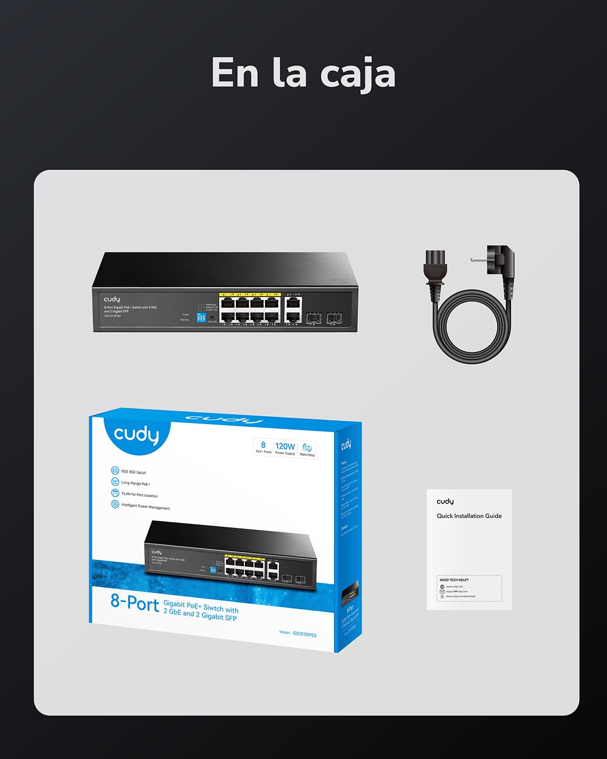 Cudy Switch PoE+ Gigabit Ethernet No Gestionado 8 Puertos, 120W, 8 Puertos Gigabit PoE+, 2 SFP, 2 Puertos Uplink, Modo VLAN/Extend, 802.3af/at, GS1010PS2