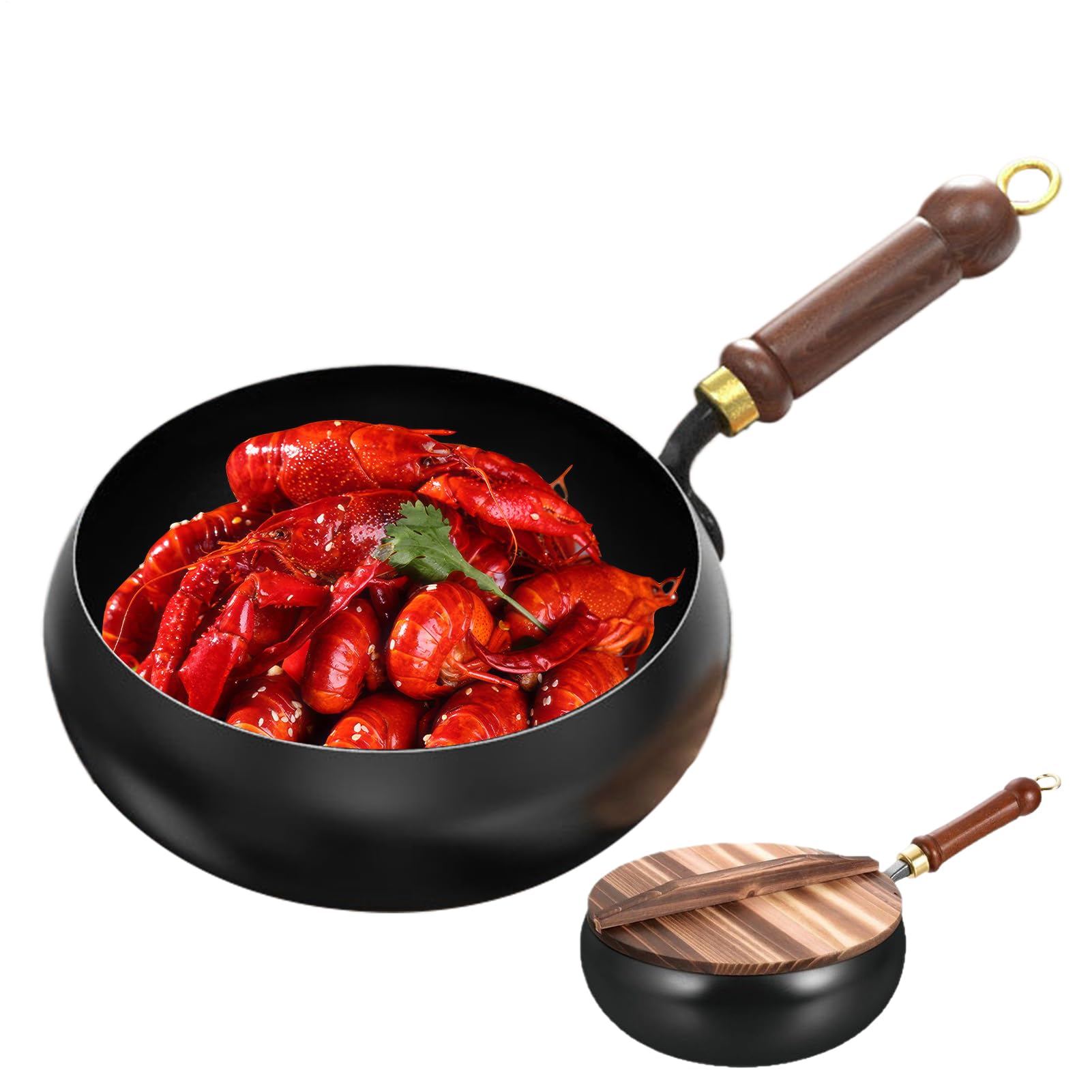Wok en fer induction à fond plat avec couvercle pour cuisson au four et sautés