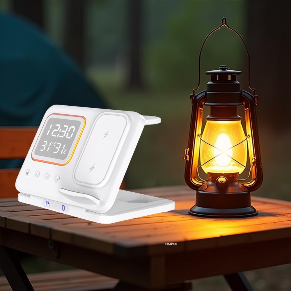 IHAO 5in1 Multi Functional Wireless Charging Station Digital Clock 15W Fast Charging Temperature Display Wireless Charger for All Qi Phone and TWS Headphone Compliant with Apple Watch-DH15 White