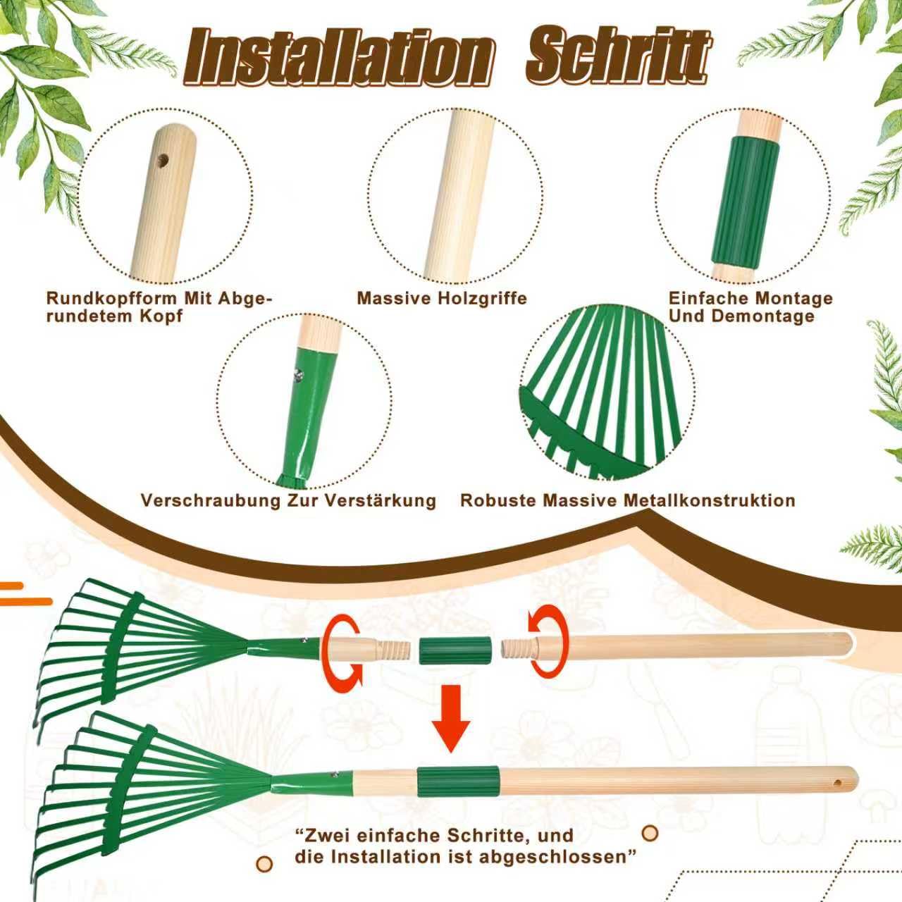 Schubkarre für Kinder, 13-teiliges Gartenwerkzeug Set mit Schaufel, Rechen, Gießkanne, Handschuhe, Sticker (Grün)