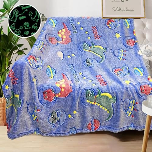 Image of Personalized Dinosaur Blanket for Boys - Glow in The Dark, Soft Fleece Throw for Kids, Toddlers - Birthday Gift, 30 inchx 40 inch