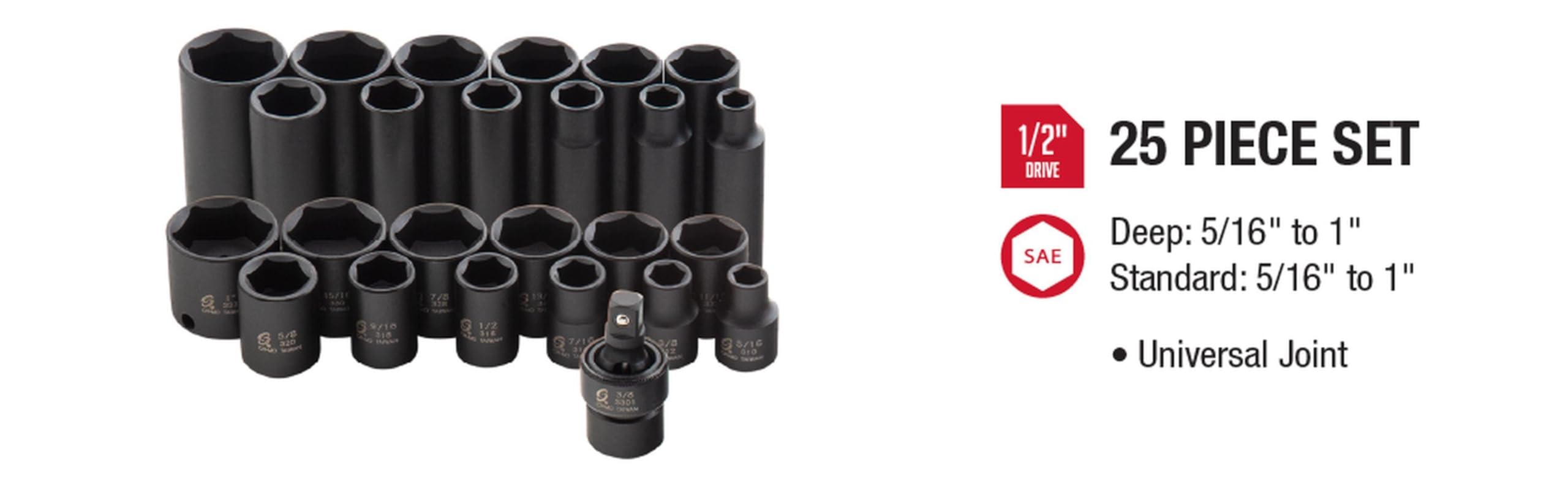 SUNEX Tools 3325 3/8-calowy napęd SAE Master Impact zestaw nasadek, standardowy/głęboki, 6-punktowy, Cr-Mo, 5/16-calowy - 1-calowy, 25-częściowy