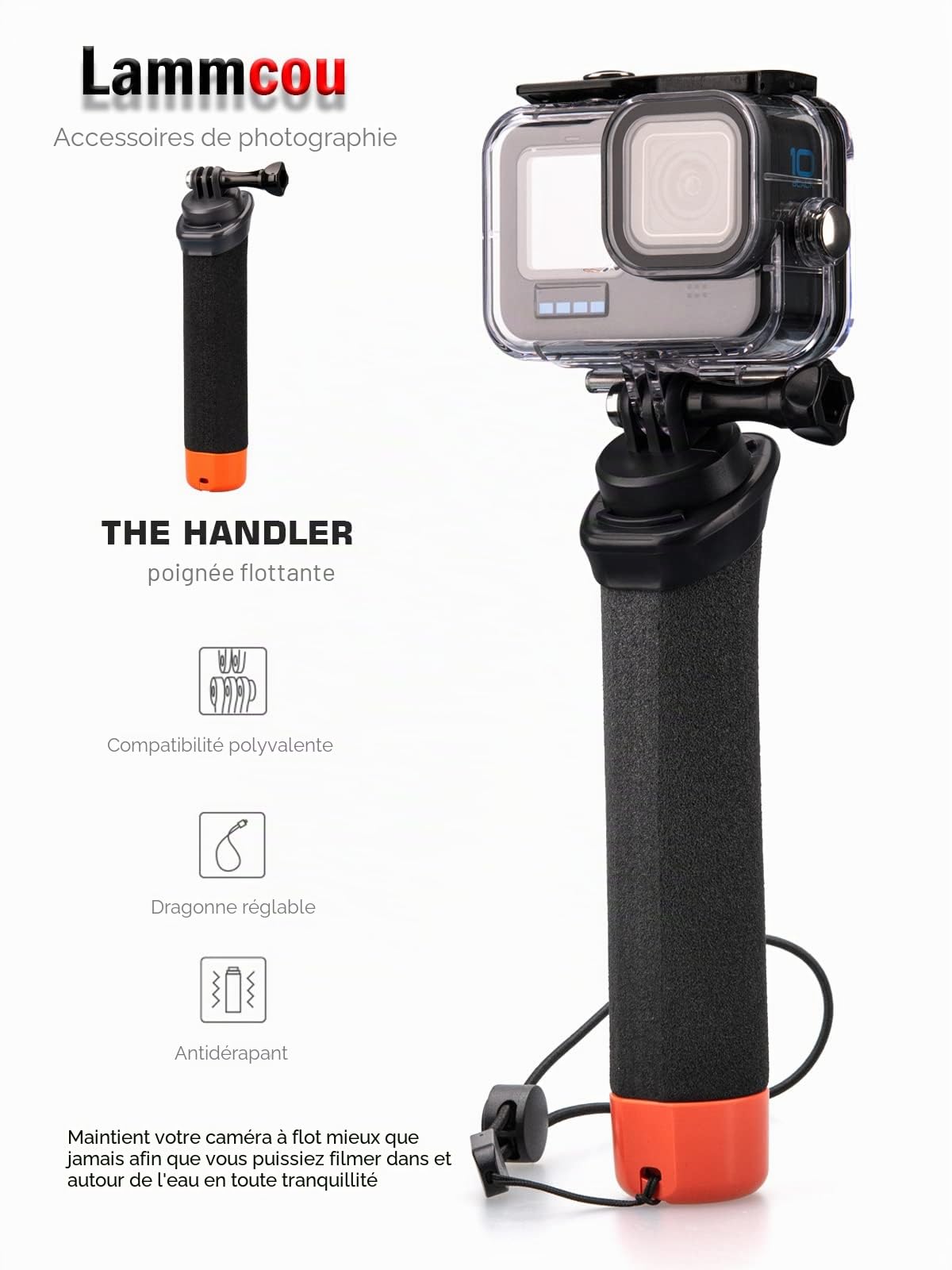 Lammcou Poignée Flottante, Go Pro étanche Handler pour plongée sous-Marine, Monopode avec Corde de sécurité et Bracelet, Floating Hand Grip pour Hero 13 12 11 10 9 Go3 X3 Accessoires