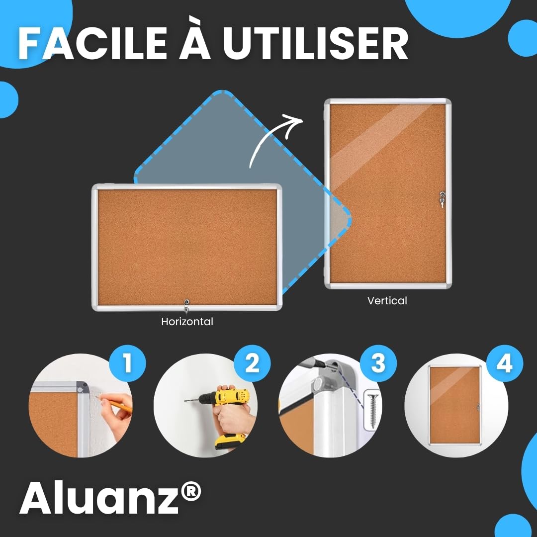 Vitrine d'affichage DIN 9 x A4 | Tableau d'affichage verrouillable en liège, Vitrine intérieure avec serrure pour bureau, école, hôtel, 98 x 72 x 3 cm