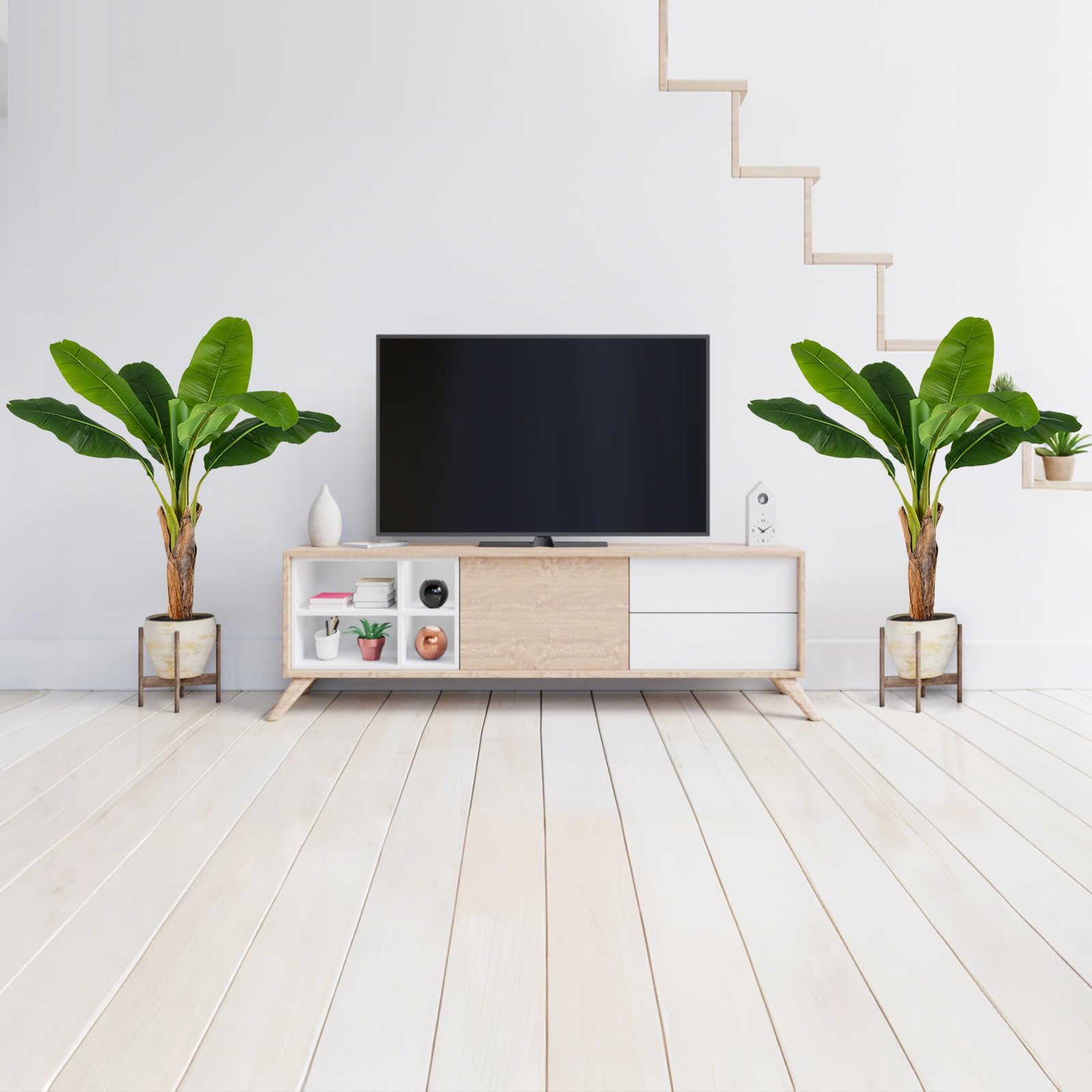 COSTWAY Set da 2 Alberi di Banane Artificiali, Pianta Finta con Foglie di Banana e Rami Regolabili con Vaso, Pianta in Vaso Decorativa da Interno per Soggiorno o Ufficio