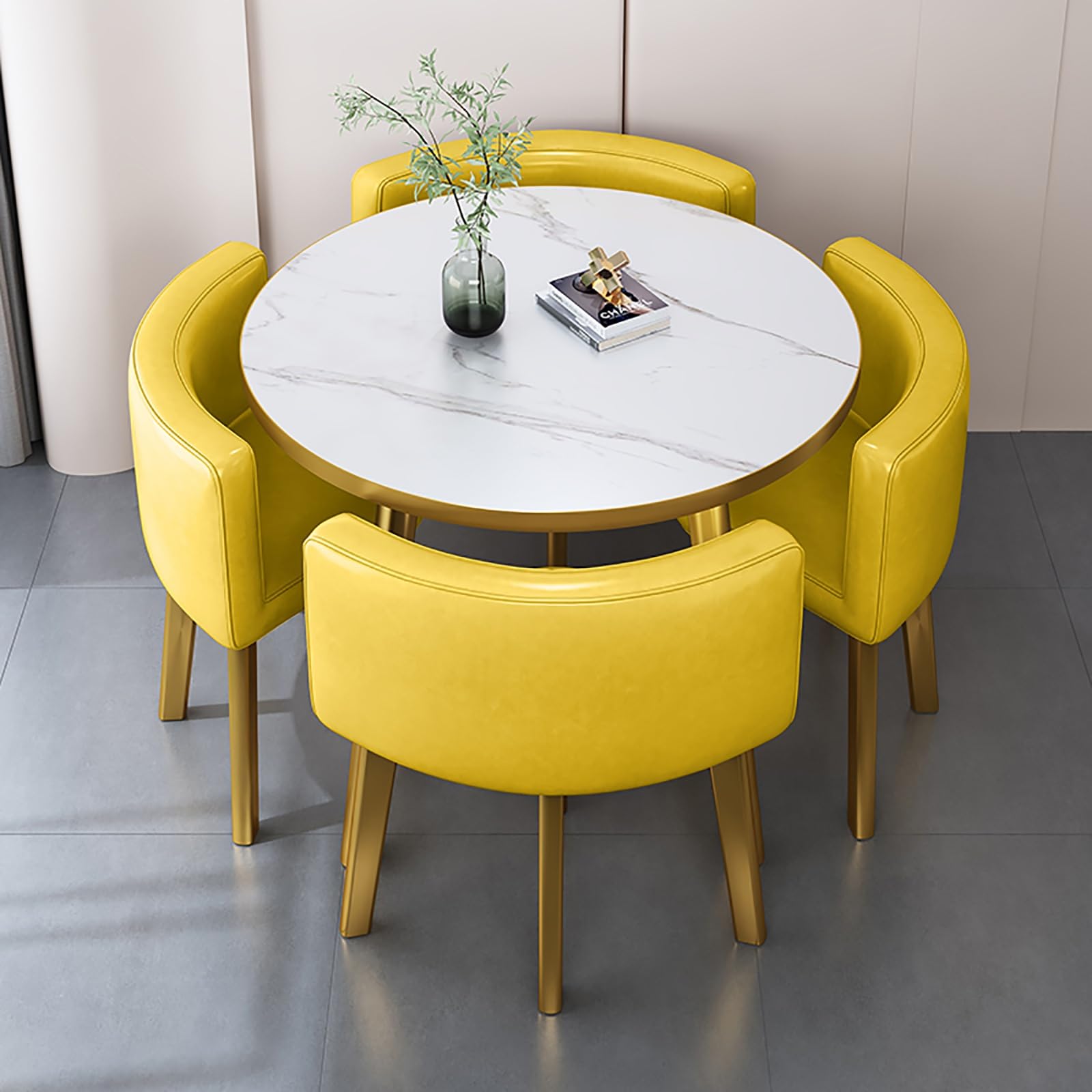 Round Dining Table Set for 4 with Marble Top and Chairs Office Reception Desk and Chair Set Suitable for Lounge Living Room Modern Furniture Dining Set,Yellow-Round-Cortex
