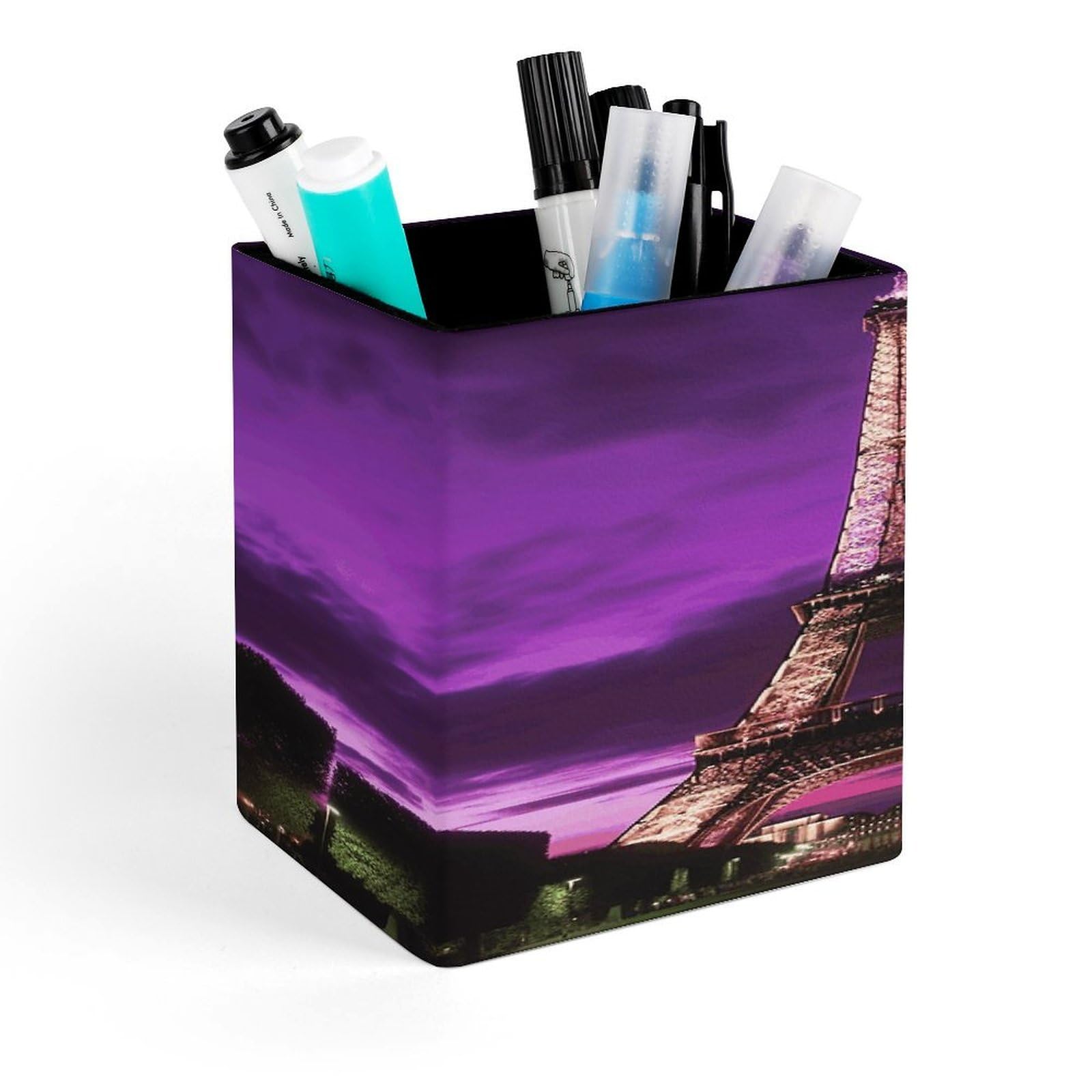 FekiLoot Purple Eiffel Tower Pen Holder Personalized Desktop Pencil Holders Case Office Accessories Container Box for Square Pen Cup Desktop Organizer Makeup Brush Holder Caddy Storage