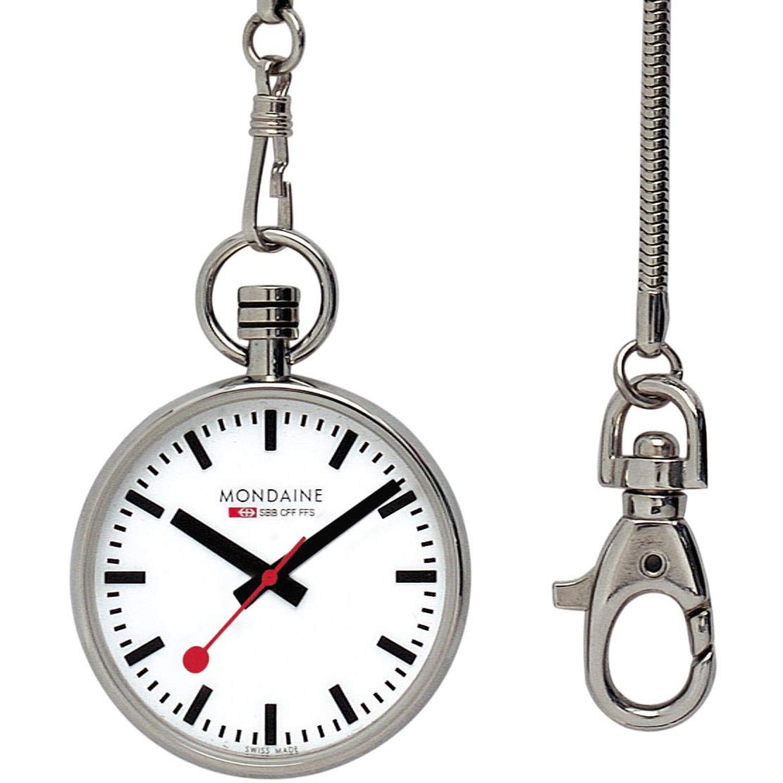 Mondaine - Taschenuhr A660.30316.11SBB 43mm - Bahnhofsuhr Taschenuhr mit Kette rotem Sekundenzeiger - Hergestellt in der Schweiz aus poliertem Edelstahl staubbeständig