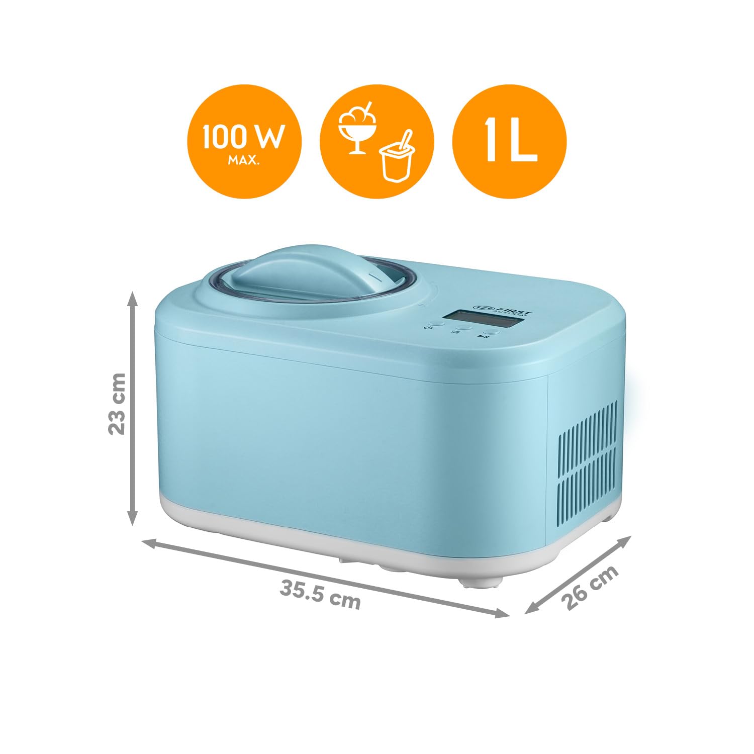 TZS First Austria - Gelatiera 1L con Compressore 3-in-1-100W Macchina per Gelato Autorefrigerante per Frozen Yogurt, Sorbetti e Gelato - Turchese