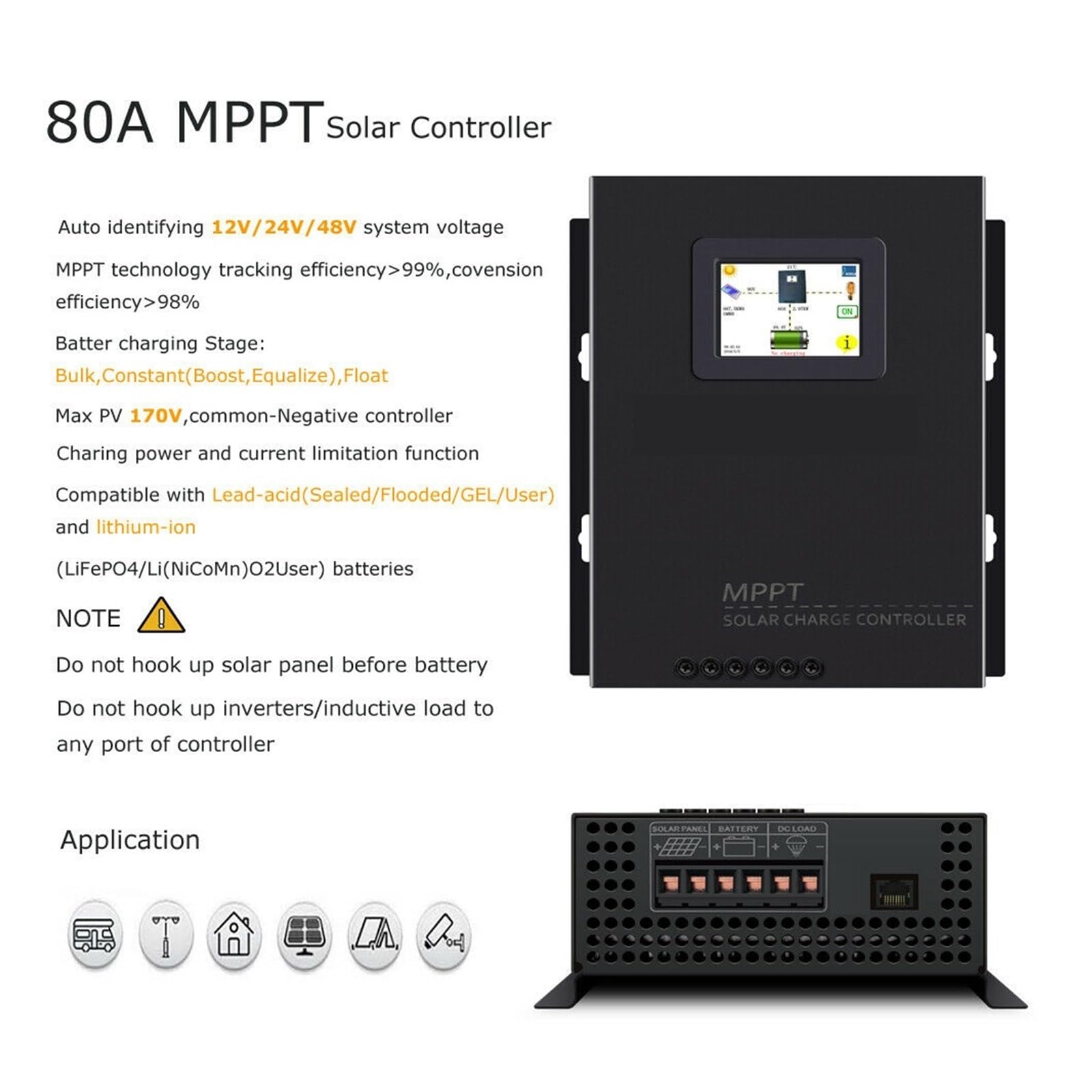 Kontroler ładowania słonecznego Regulator Ładowania Słonecznego MPPT 80A 12V/24V/48V Ładowarki Akumulatorów Generator Prądu Stałego Poza Siecią Instrukcja Obsługi Systemu Solarnego(24V)