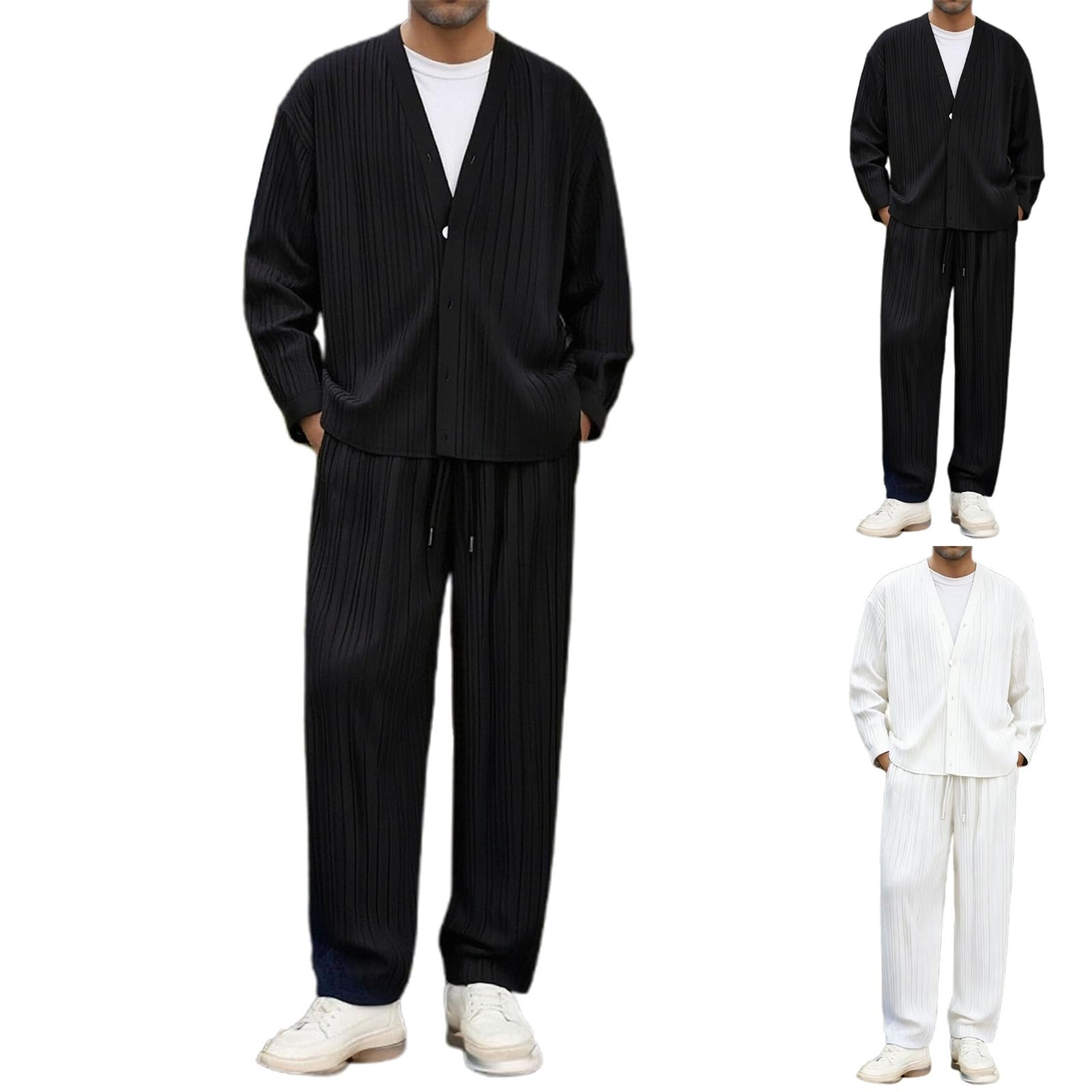 Conjunto de 2 piezas a juego para hombre, camisa de manga larga con botones y pantalones de cintura elástica de ajuste relajado, elegante atuendo casual de verano en tela suave y transpirable