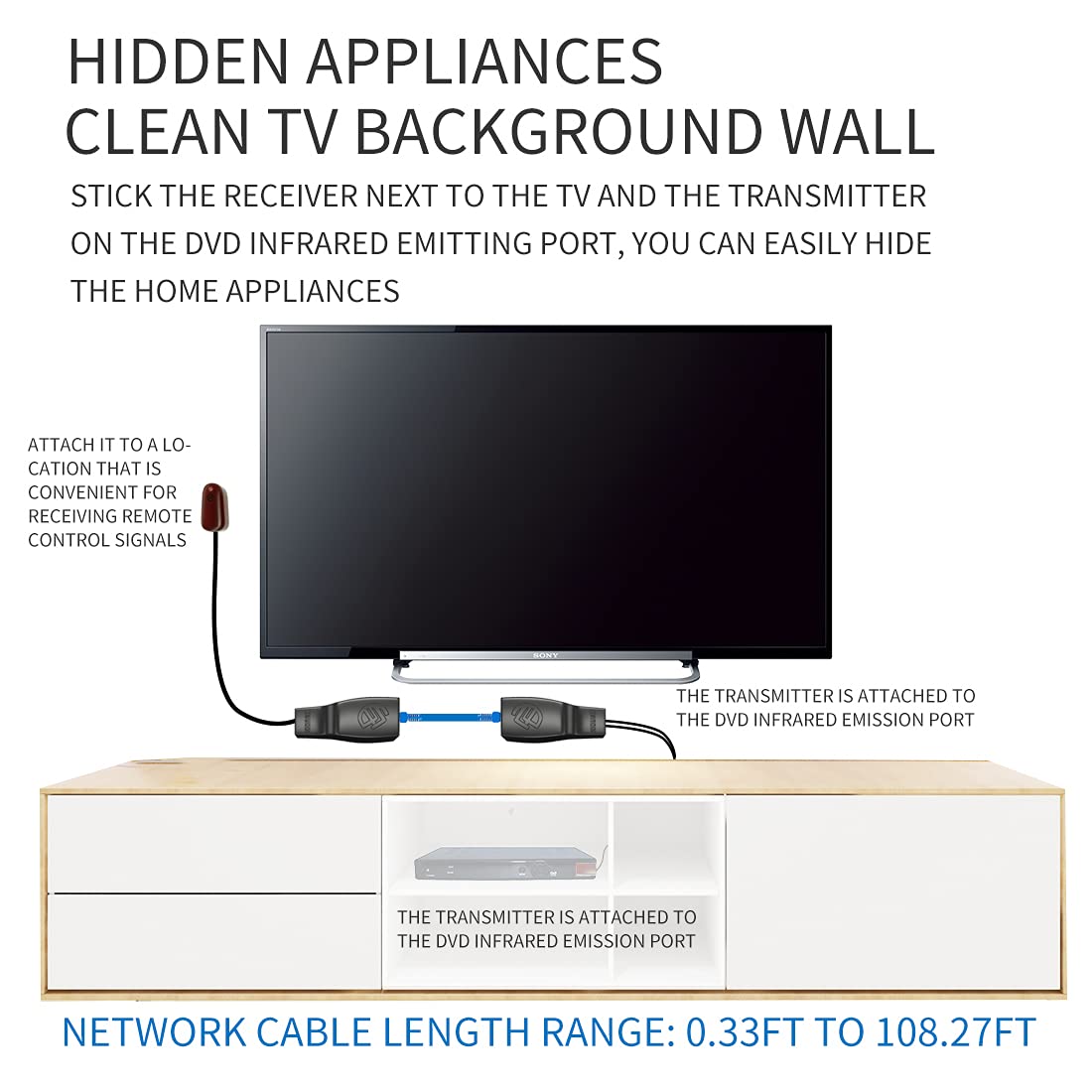Système de répéteur infrarouge Ethernet pour câble Ethernet Cat6/Cat5e/Cat8 - Extension de télécommande IR - Boîtier décodeur infrarouge vers RJ45 - Pour appareils ménagers (contrôle de 4