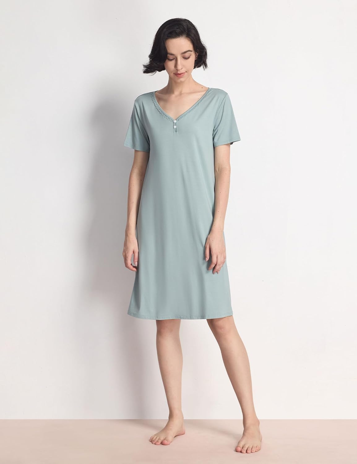GYS Women's Nightgowns Bamboo Viscose Soft Comfy Short Sleeve V Neck Sleep Dress