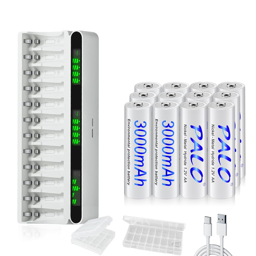 12 piles rechargeables 3000mAh AA avec chargeur, USB type-C 5v2A écran LCD chargeur rapide avec 12 emplacements pour piles rechargeables 1,2 V NiMH AA AAA
