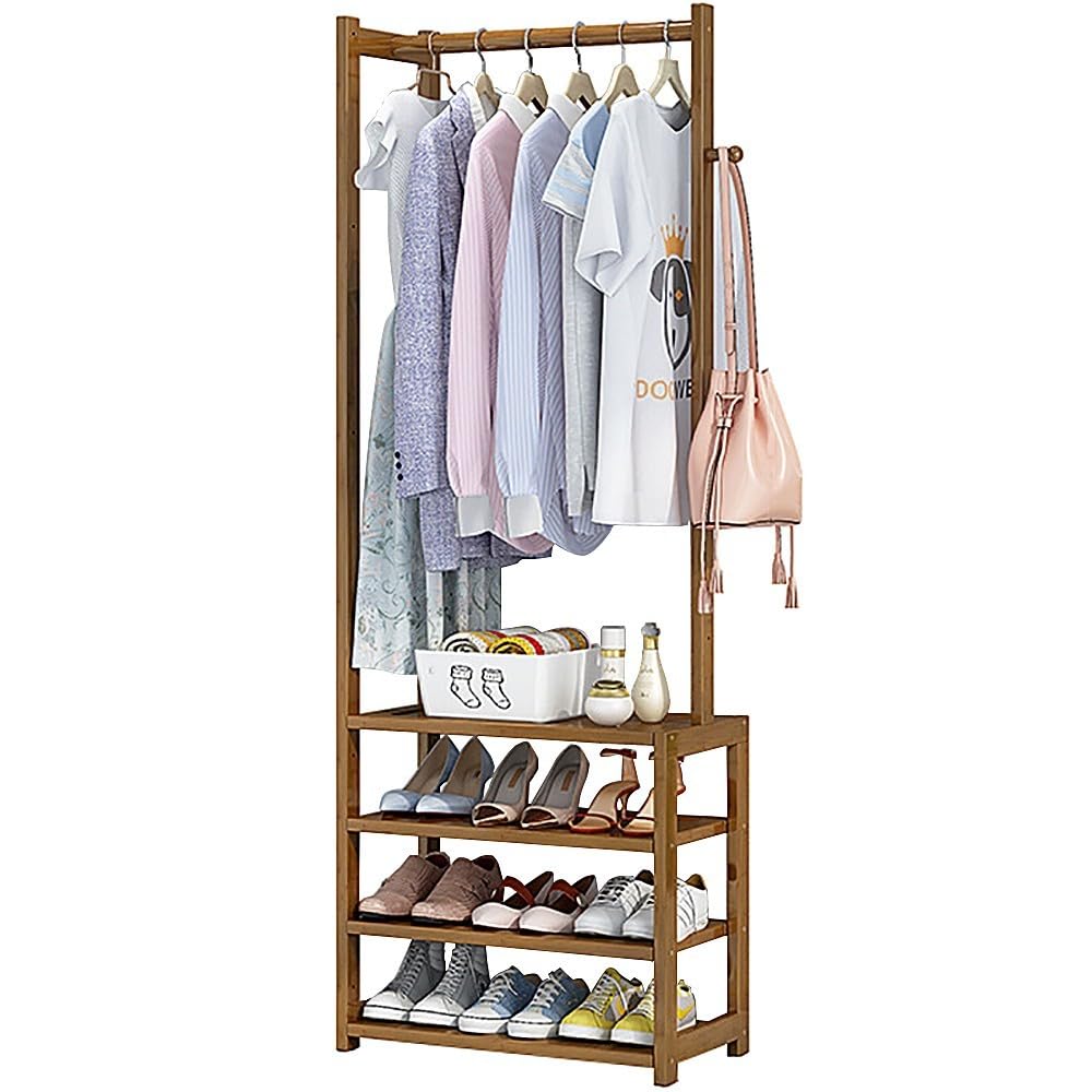 Aycdl Walnut Color Bamboo Clothes Rail With 4 Tier Storage Shelves And Hanging Rod Garment Rack For Living Room Entryway Bathroom And Office,-50X25x155cm